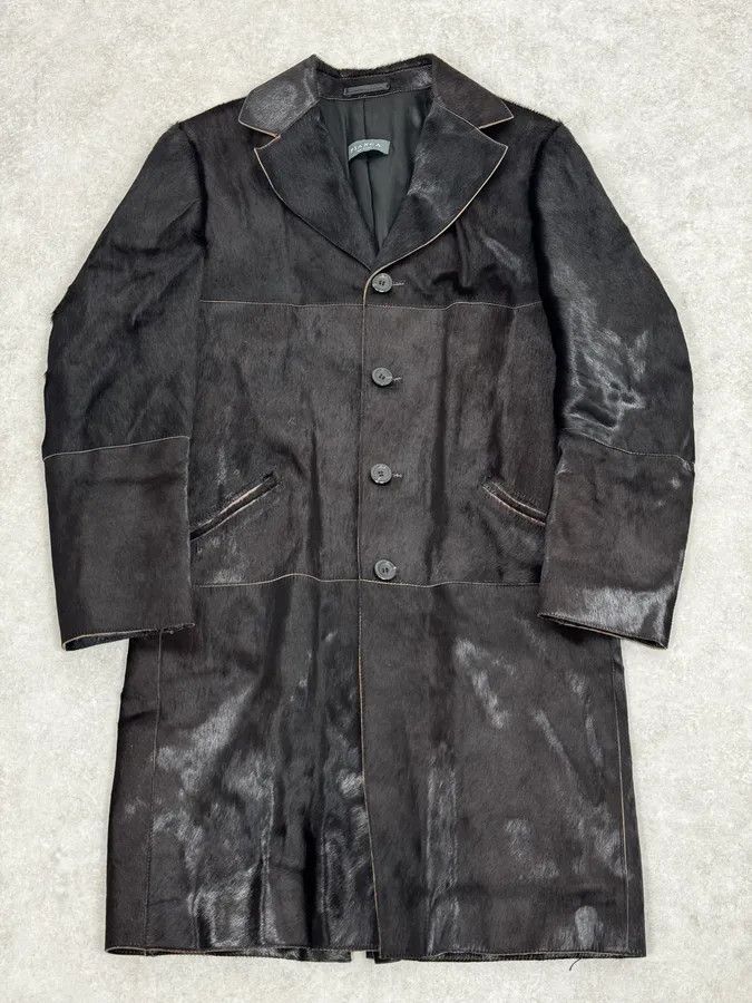 Vintage 2000s Italian Black Leather Pony Hair Long Jacket Size US M / EU 48-50 / 2 - 1 Thumbnail