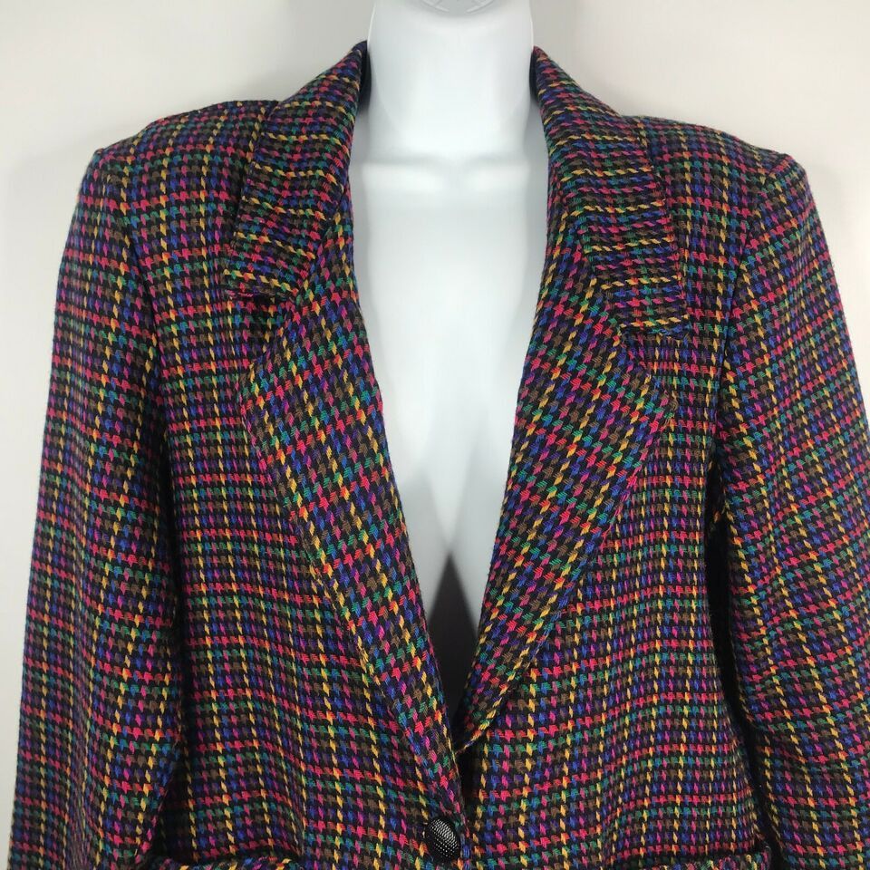 Vintage 80s Blair Rainbow Houndstooth Check Wool Blend Blazer Size XL / US 12-14 / IT 48-50 - 2 Preview