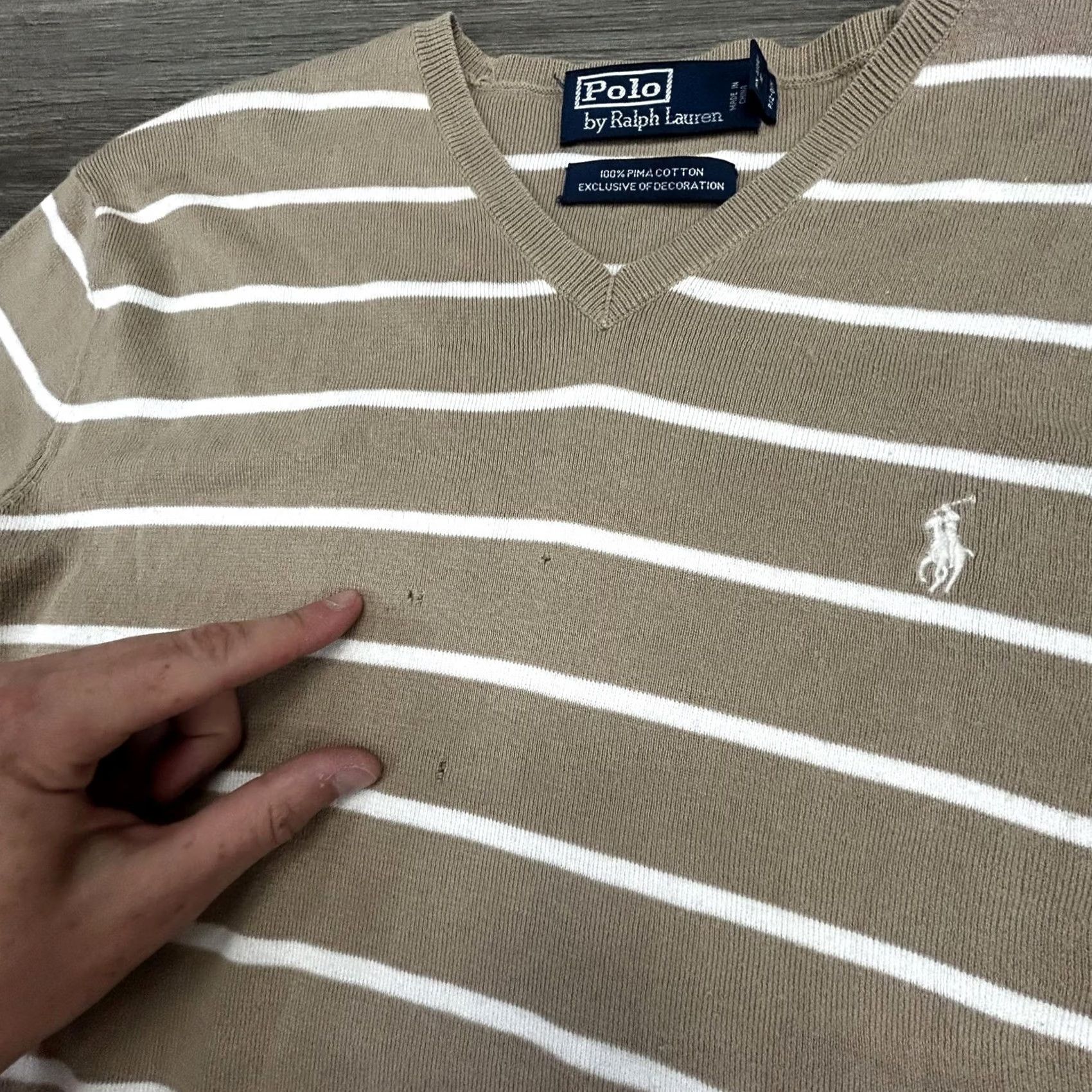 Polo Ralph Lauren VINTAGE Polo Ralph Lauren Sweater Mens Large Beige Striped V Neck 100% Pima Cotton Pullover Knit Logo Embroidered Chest Womens? Mens Size US L / EU 52-54 / 3 - 7 Thumbnail