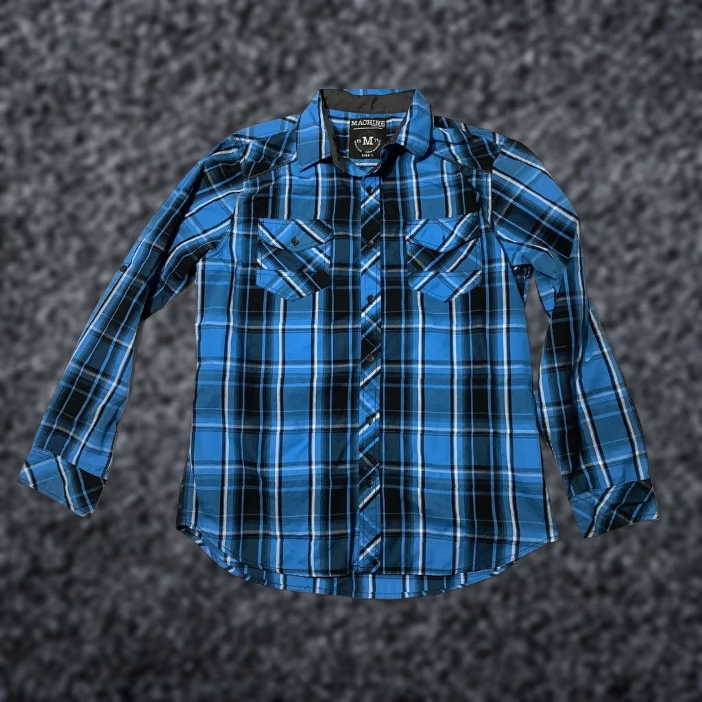 Toy Machine Machine Shirt Mens Large Blue Black Plaid Button Up Western Pearl Snap Pockets Size US L / EU 52-54 / 3 - 1 Thumbnail