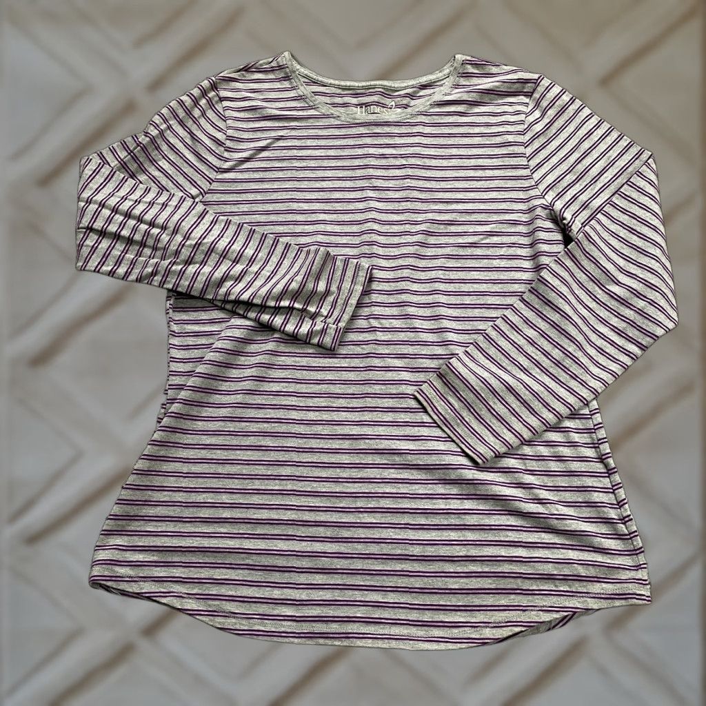 Hanes Hanes Blouse Womens Large Multicolor Striped Casual Long Sleeve Round Neck Top Size L / US 10 / IT 46 - 1 Thumbnail