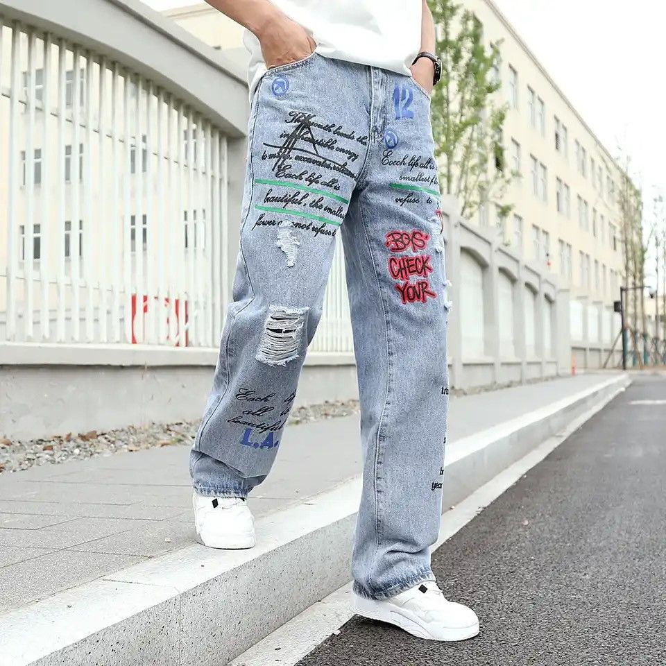 image of Vintage Graffiti Printing Jeans Men's Gradient Hip Hop Trousers in Blue (Size 34)