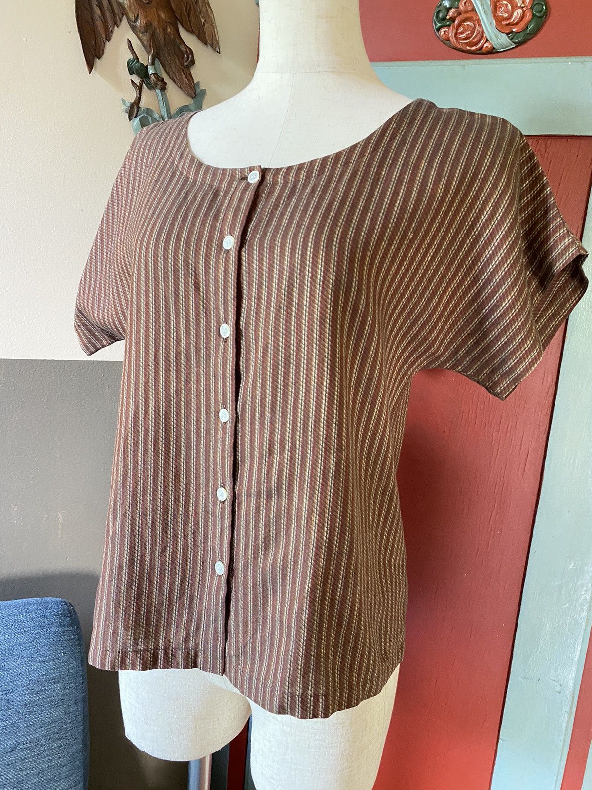 Calvin Klein Calvin Klein Brown Striped Button Top Size L / US 10 / IT 46 - 7 Thumbnail