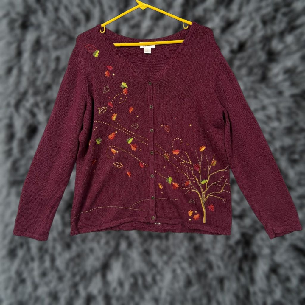 Vintage VTG Christopher & Banks Cardigan Womens XL Burgundy 90s Autumn Leaf Embroidered Knit Sweater V-Neck Casual L/S Size XL / US 12-14 / IT 48-50 - 1 Thumbnail