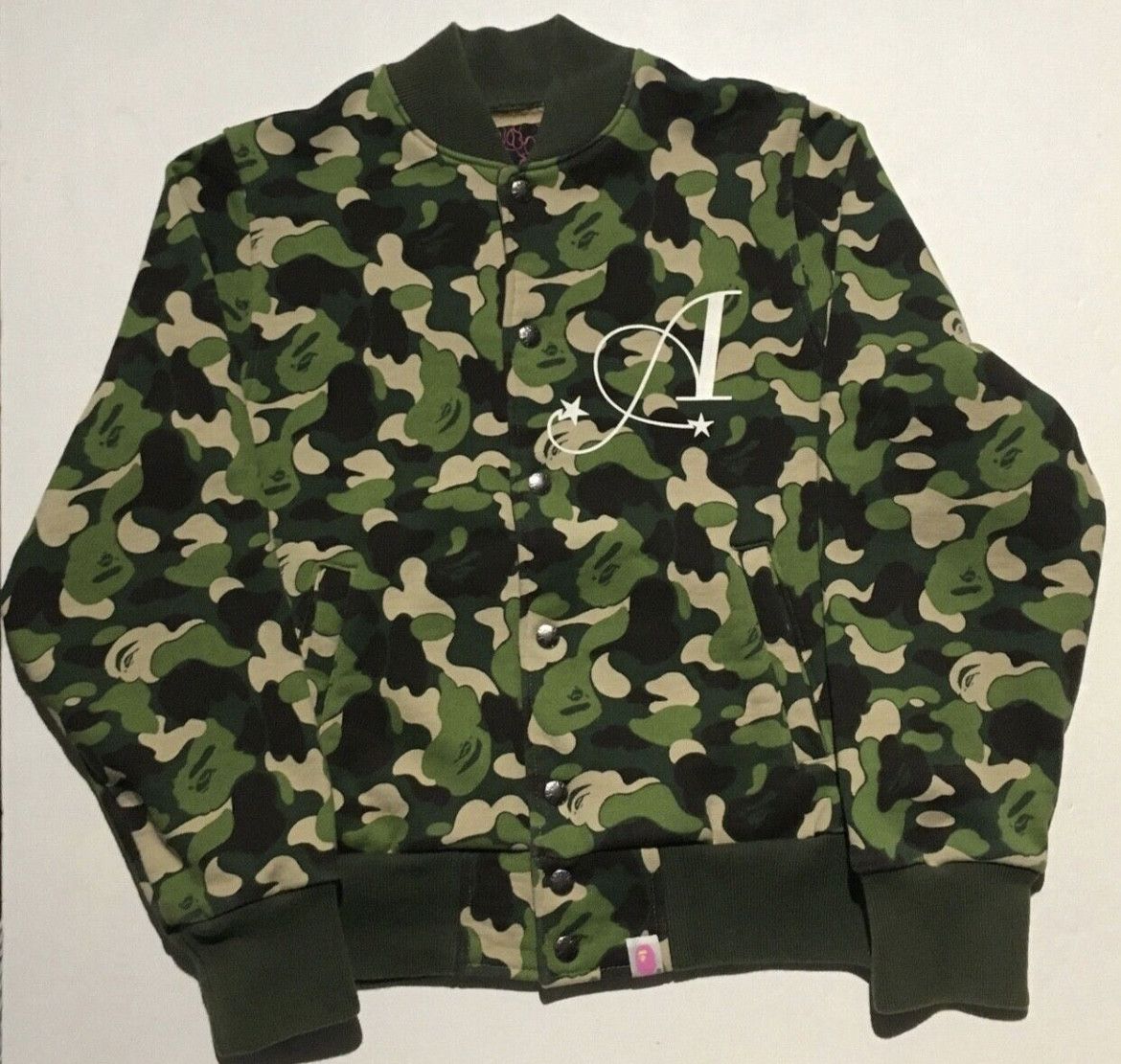 image of Bape Camo Heavy Varsity Bomber Jacket in Green, Women's (Size Small)