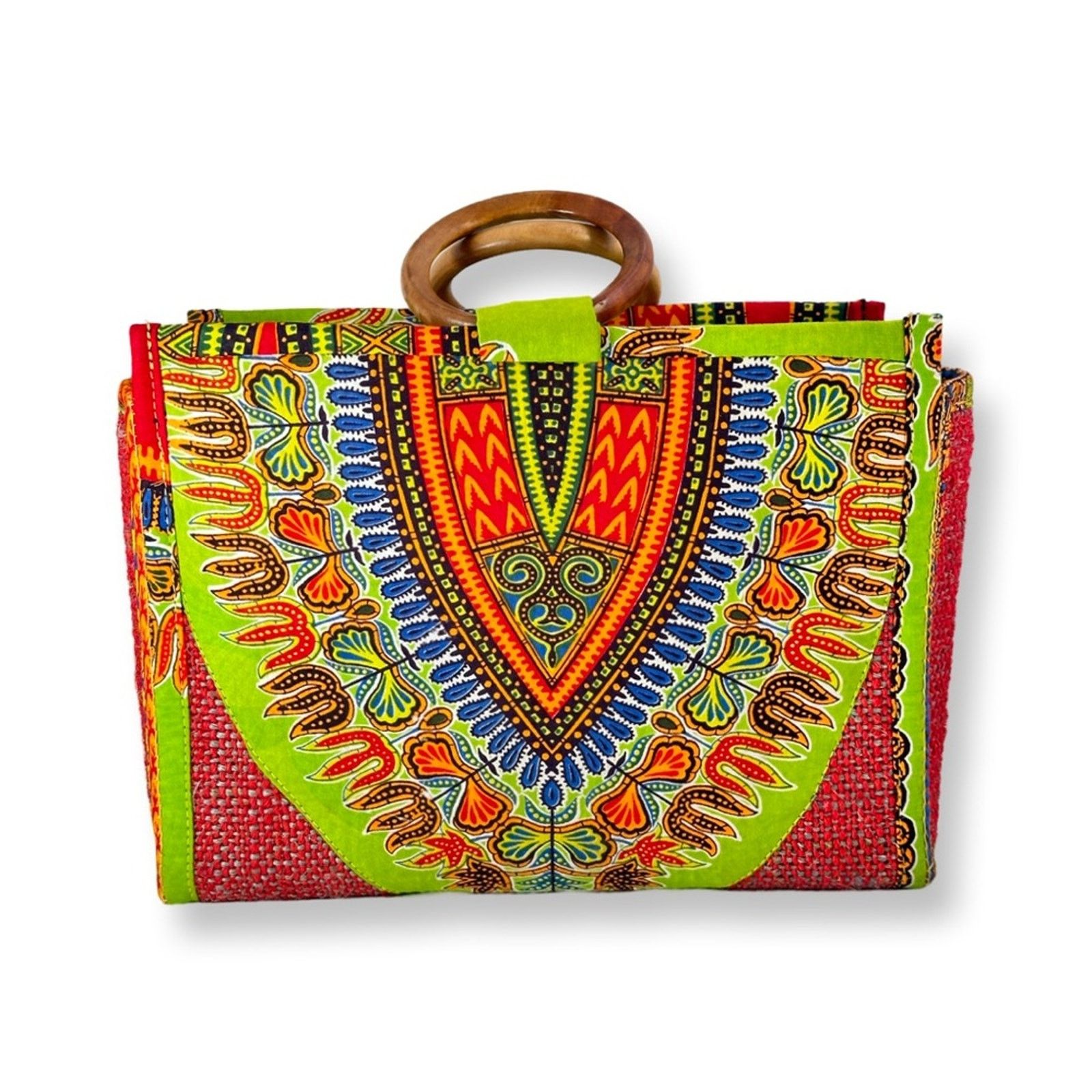 Vintage Woven Multicolored Dashiki And Jute Wooden Top Handle Bag in Green, Women's