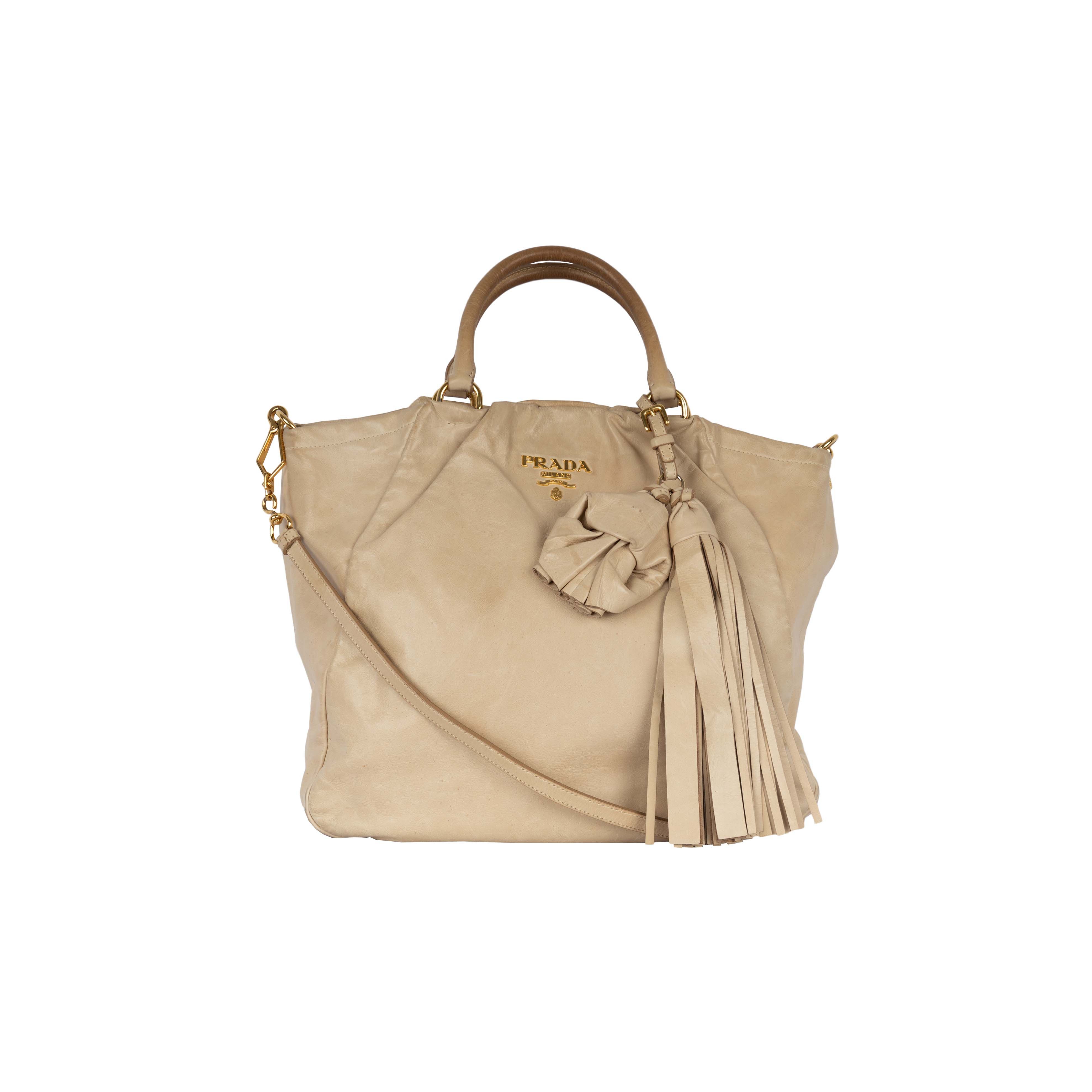 image of Prada Prada Beige Leather Hobo Handbag With Strap in Black, Women's