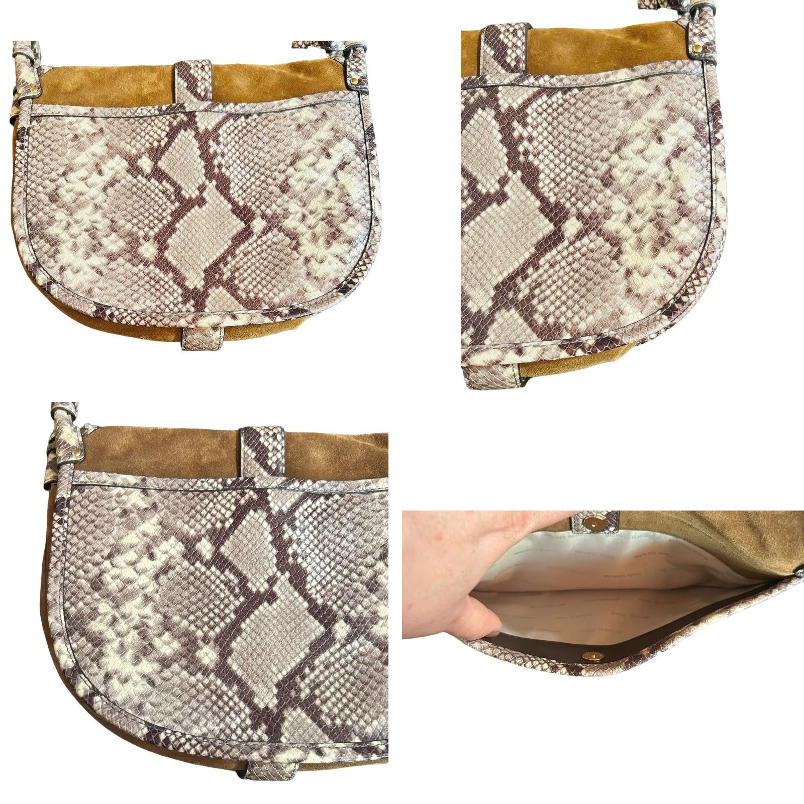 Vintage Michael Kors Jamie Saddle Bag Women's Crossbody Purse Brown Suede Snake Print Crossbody Bag, Large, Brown, Adult Women, 15in Strap, Gold hardware Size ONE SIZE - 9 Thumbnail