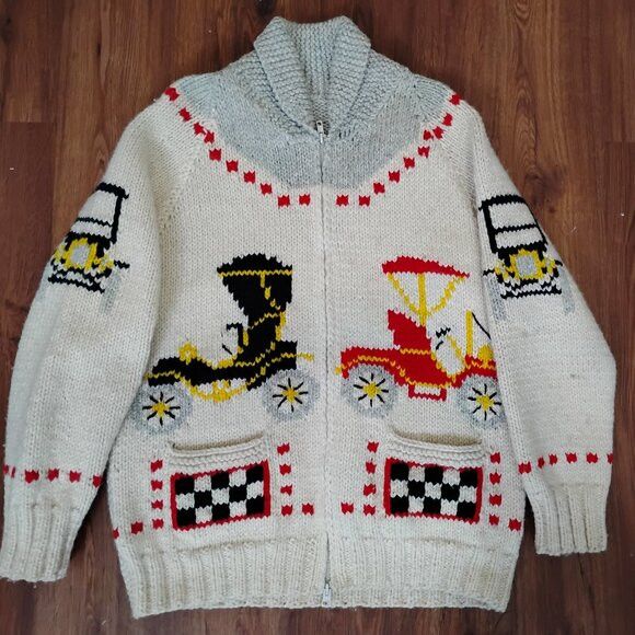 Other Vintage 60s Antique Race Car Cowichan Cardigan Sweater Size US L / EU 52-54 / 3 - 2 Thumbnail