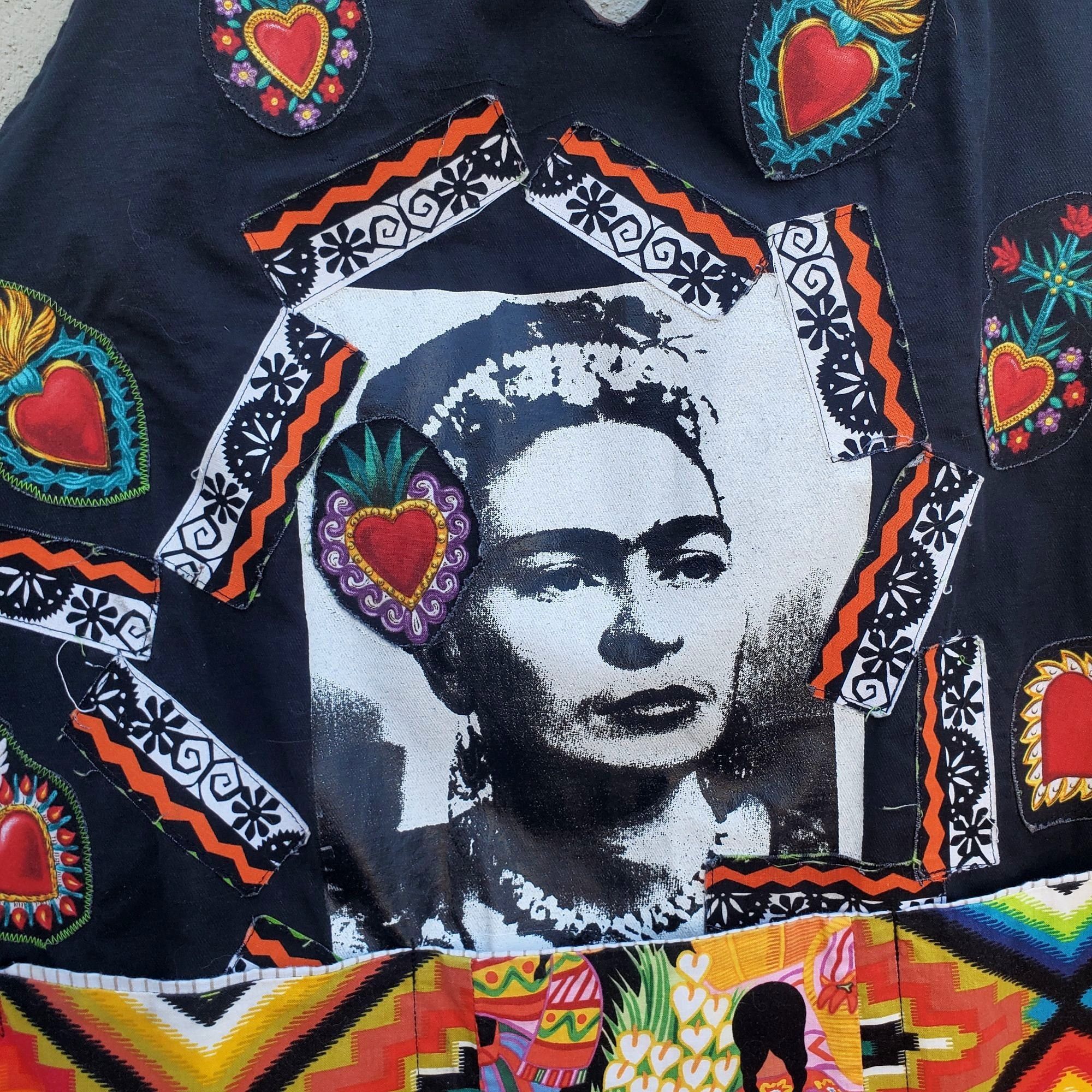 Handmade Frida Kahlo Bib Apron Colorful Handmade Black Cotton Plus Si Size XXL / US 16-18 / IT 52-54 - 8 Thumbnail