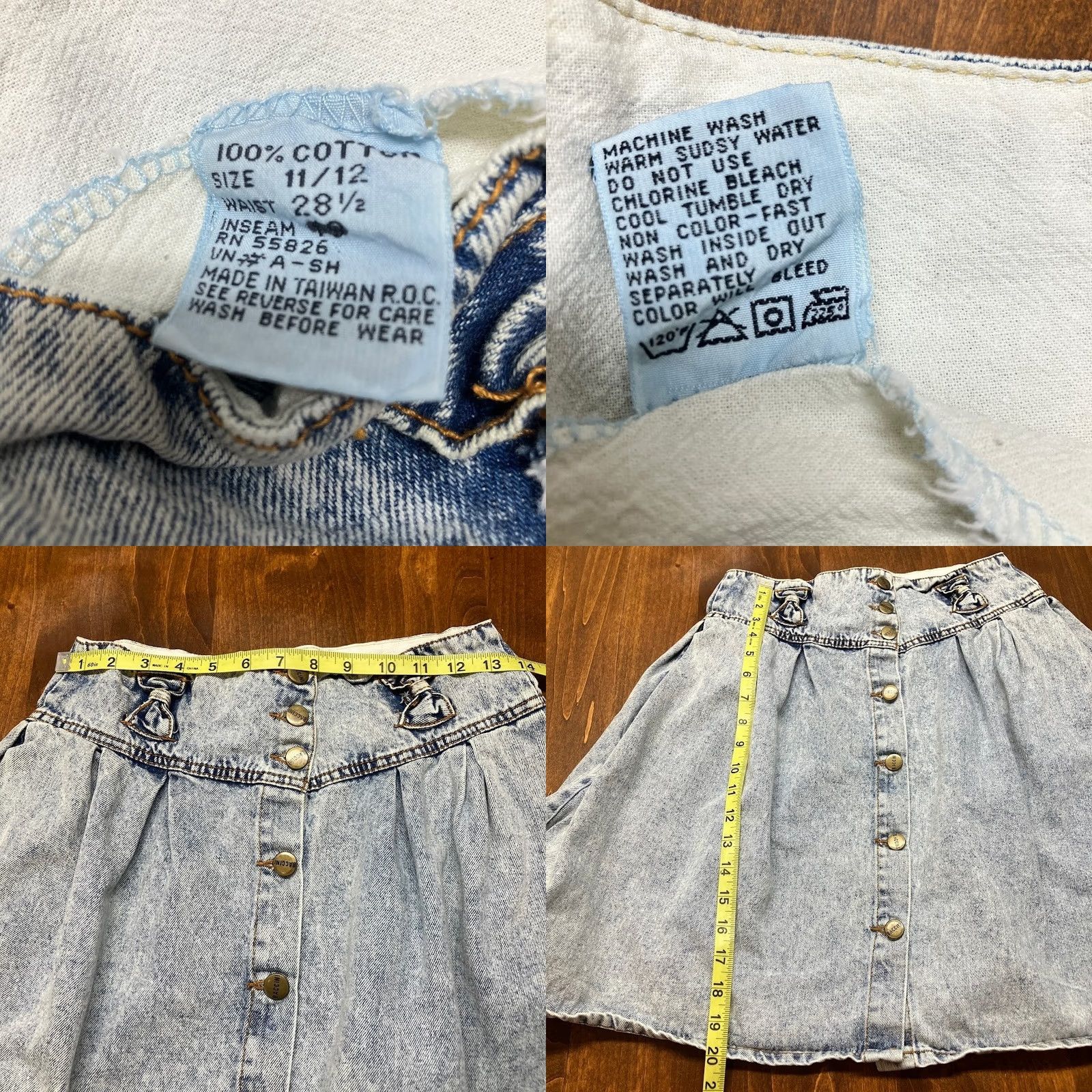 Vintage VINTAGE Baccini Acid Wash Pleated Jean Mini Skirt Button Front Bow Detail Size 11/12 90s Womens Size 32" / US 10 / IT 46 - 8 Thumbnail