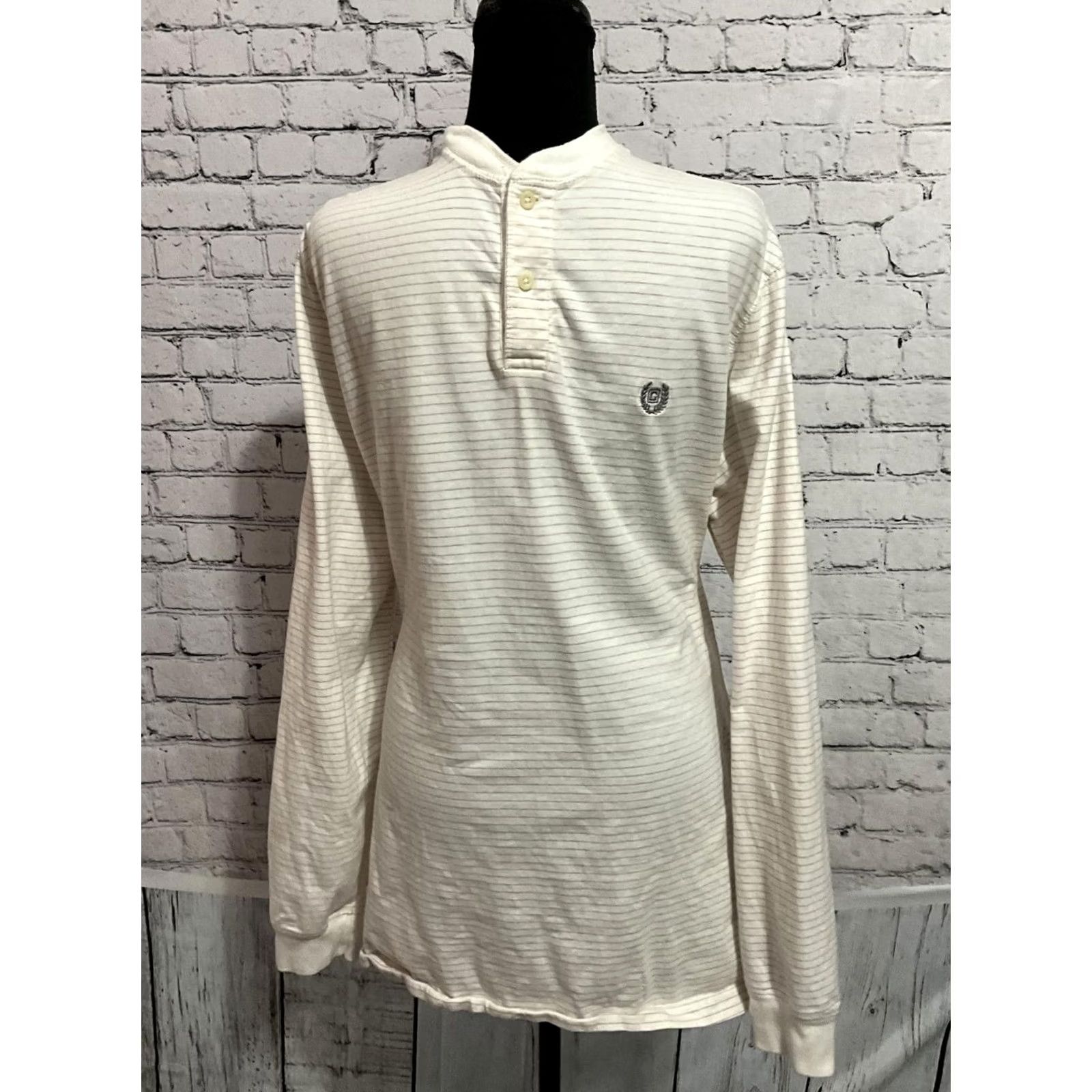 Chaps Chaps Shirt Long Sleeve Henley XLT Mens Beige Striped Cotton Buttoned Neckline Embroidered Logo Big & Tall Size US XL / EU 56 / 4 - 6 Thumbnail