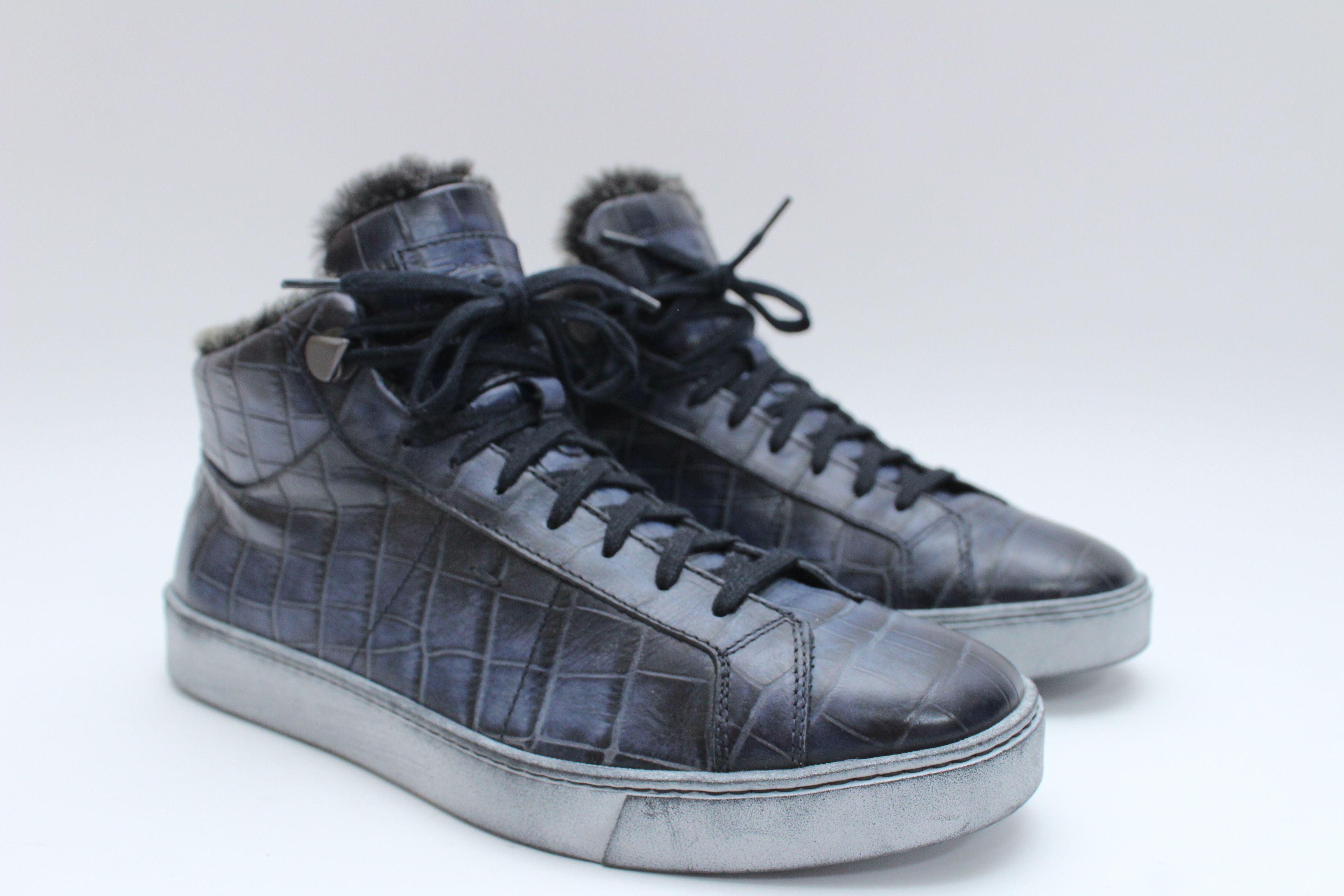 Santoni Santoni Navy Crocodile Embossed Leather Fur Lined Sneakers Size US 8 / EU 41 - 1 Thumbnail