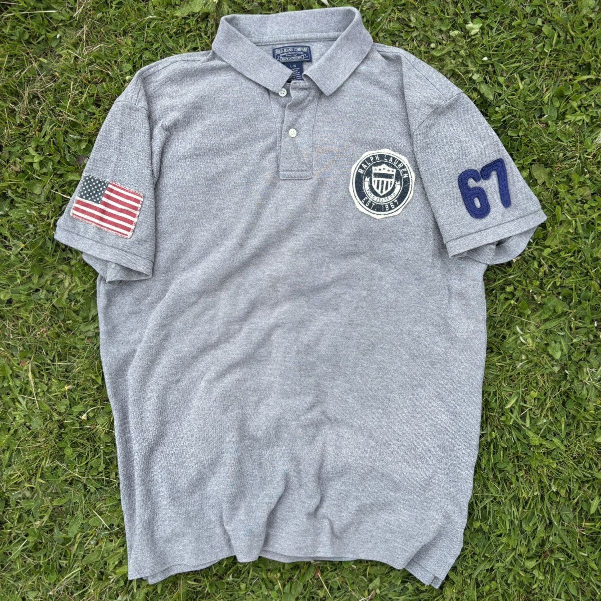 Ralph Lauren Vintage Polo Jeans Grey Distressed Patch Polo Shirt Size US L / EU 52-54 / 3 - 1 Thumbnail