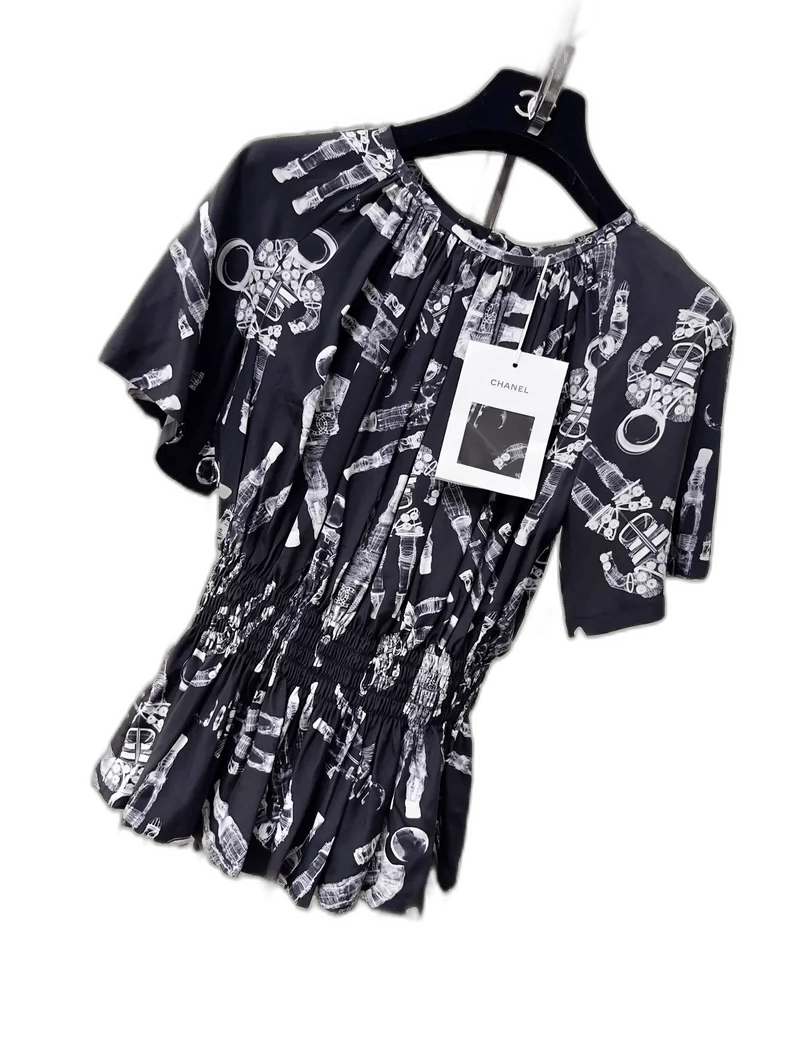 Chanel Chanel Black Printed Silk Short Sleeve Top Size XS / US 0-2 / IT 36-38 - 1 Thumbnail