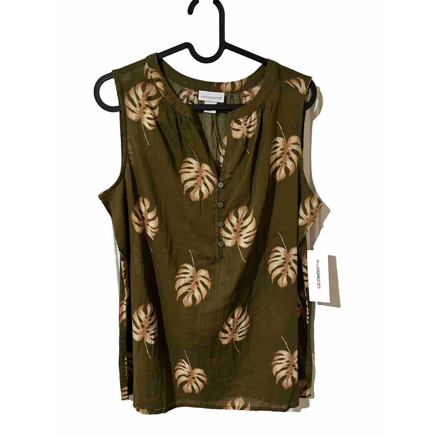 Liz Claiborne Sleeveless Y Neck Woven Olive Grove Leaf Floral Blouse Top S Size S / US 4 / IT 40 - 2 Thumbnail