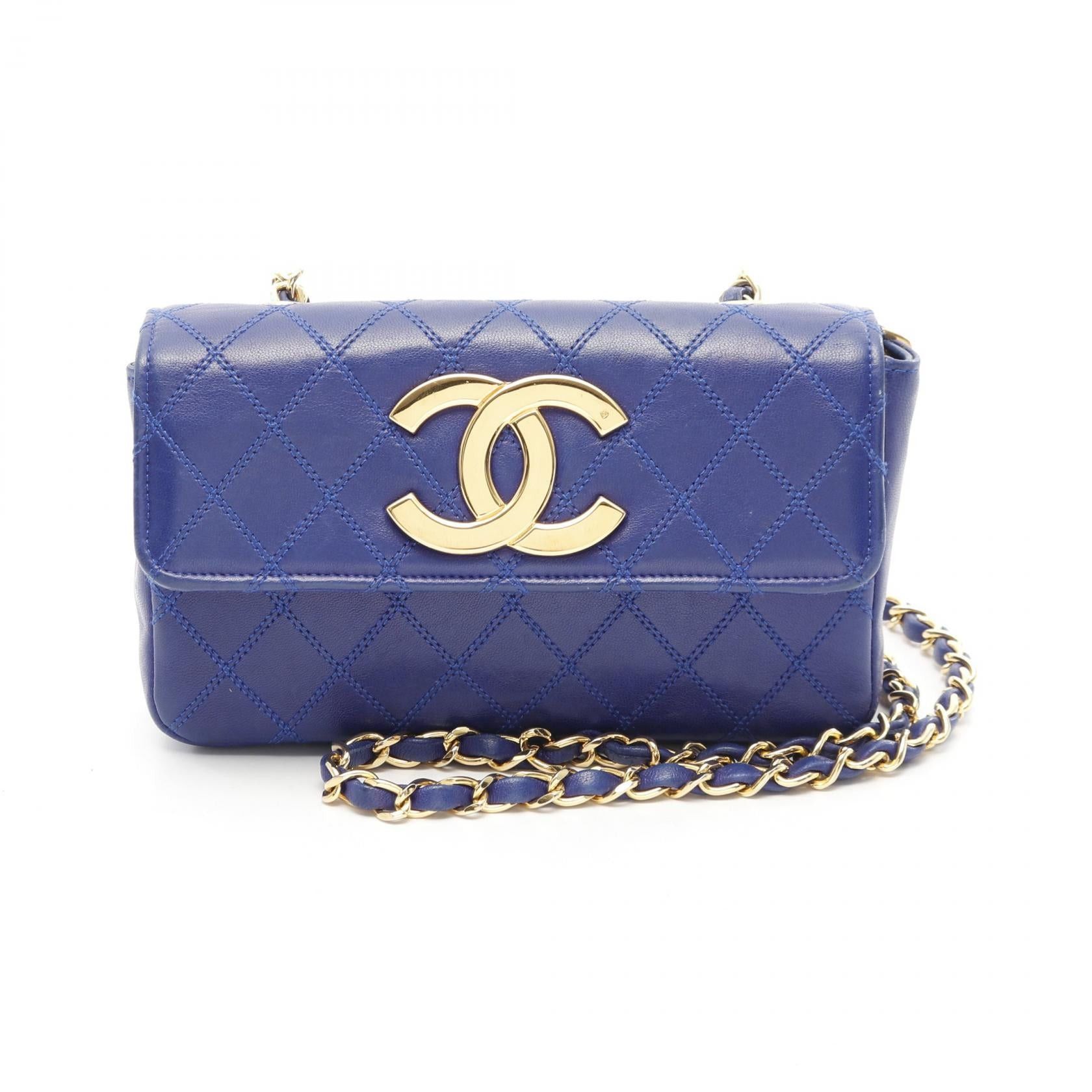 Chanel Matelasse Chain Shoulder Bag Double Stitching Push Lock Lambskin Blue Gold Hardware