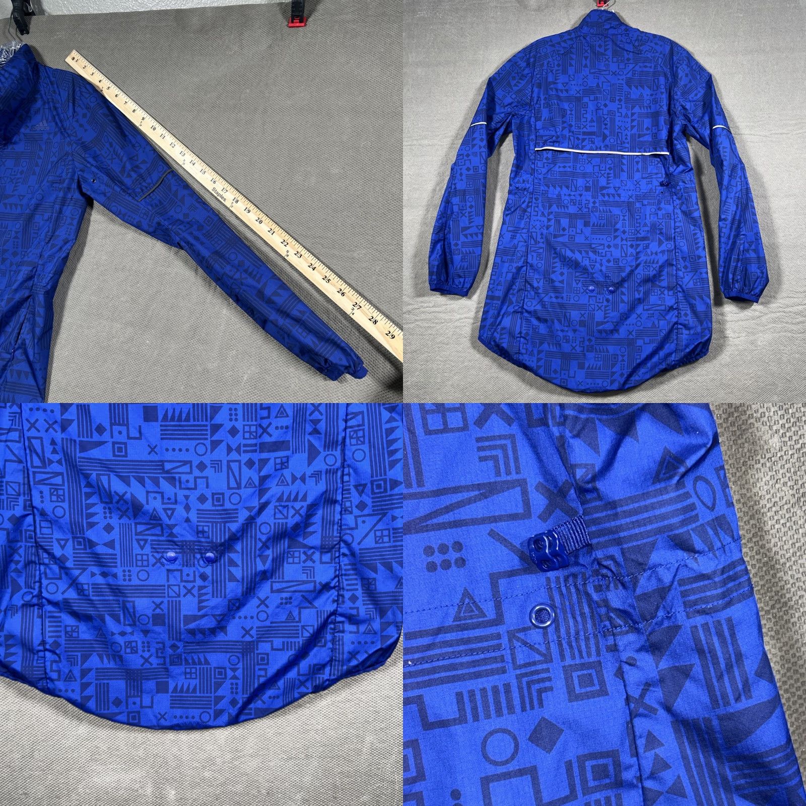 Adidas Jacket Windbreaker Geometric Full Zip Blue M Womens Running Activewear Vented Pocket Windbreaker