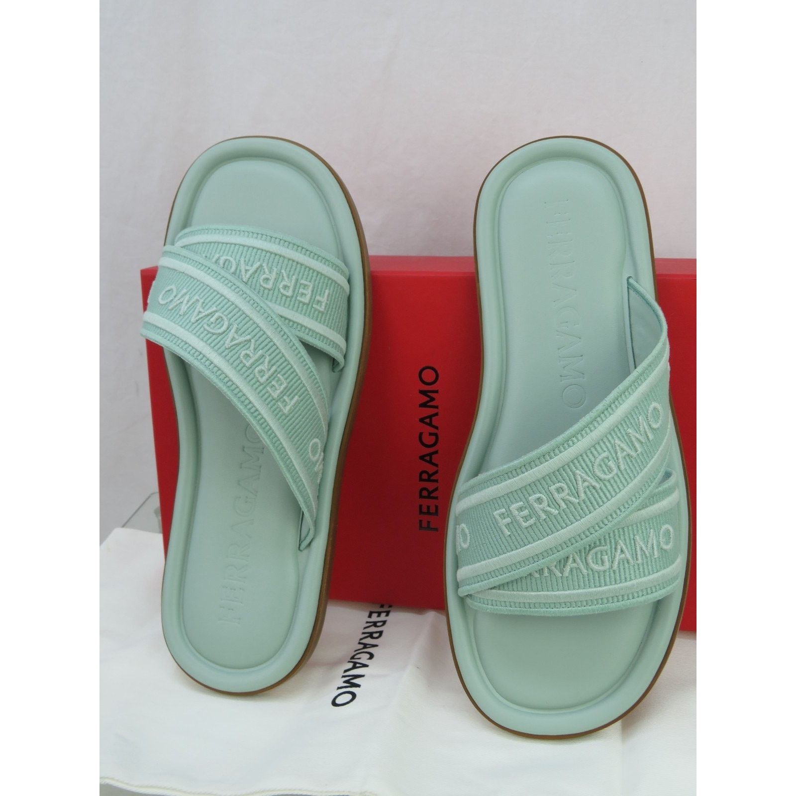 Salvatore Ferragamo FERRAGAMO LAURENE LIGHT GREEN LOGO FLATS SANDALS SLIDES 9 C Size US 9 / IT 39 - 6 Thumbnail