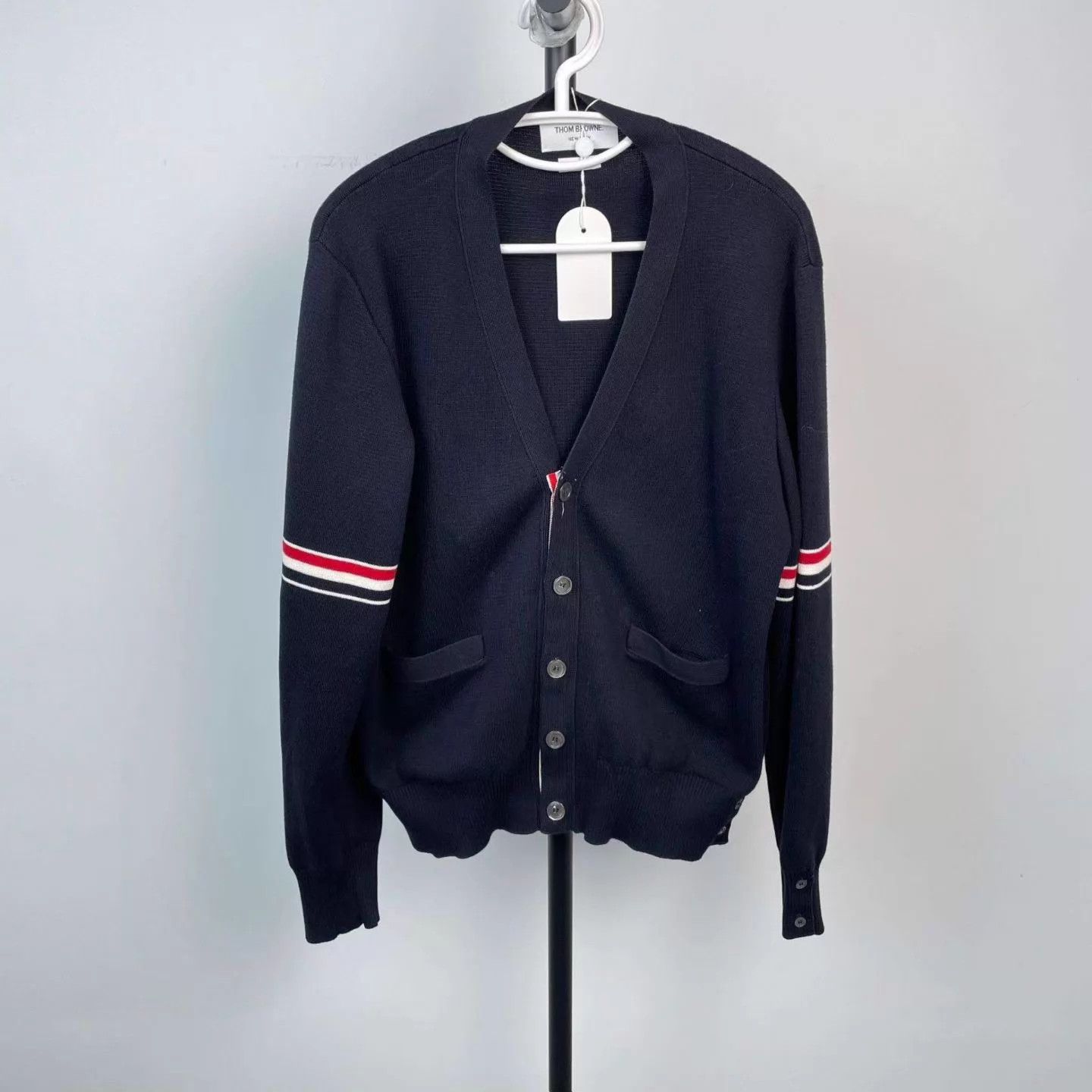 Thom Browne TB Navy V-Neck Wool Cardigan Red/White Sleeve Stripes 170 Size US S / EU 44-46 / 1 - 1 Thumbnail