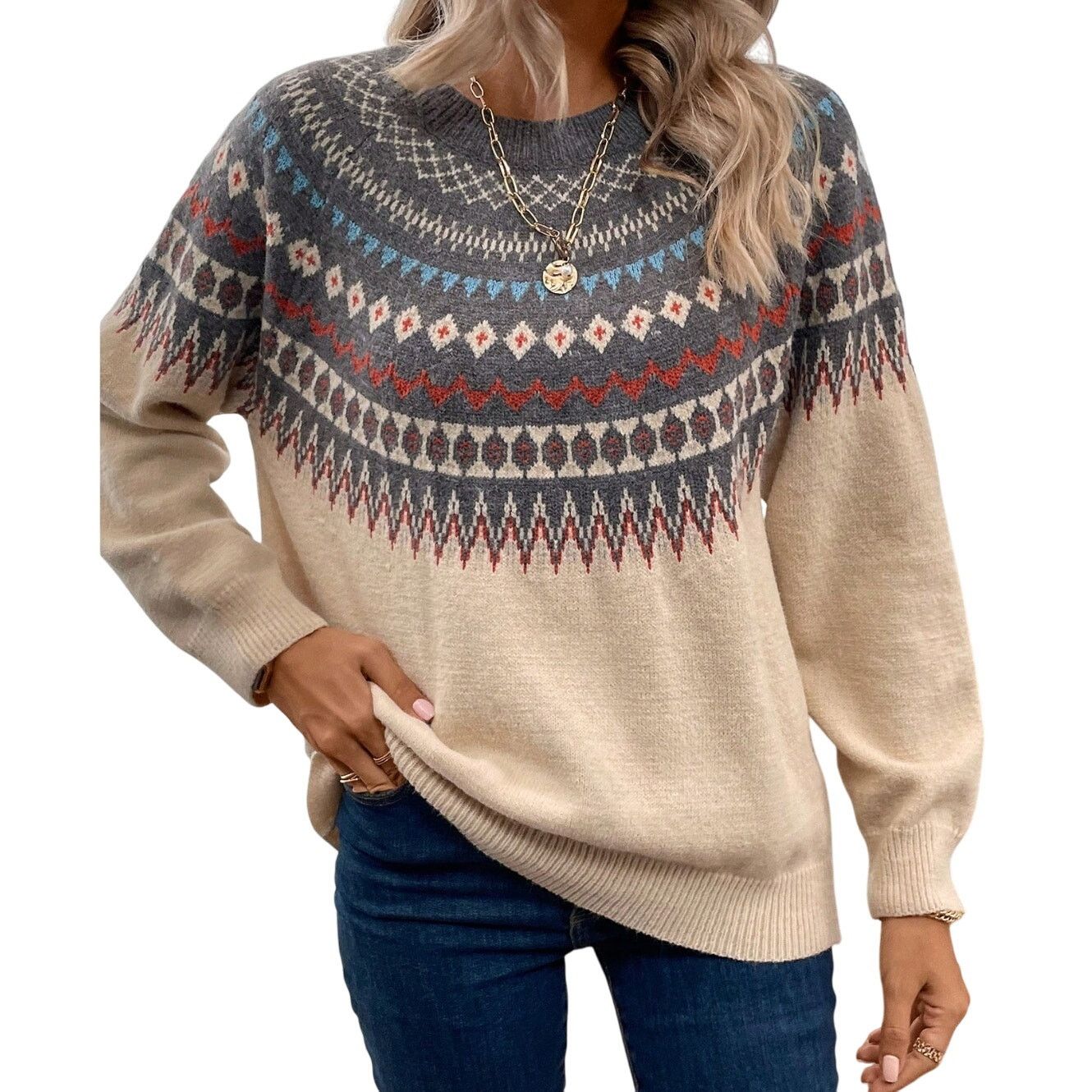 Shein Woman's Geo Pattern Raglan Sleeve Sweater in Multi, Size S Size S / US 4 / IT 40 - 1 Thumbnail