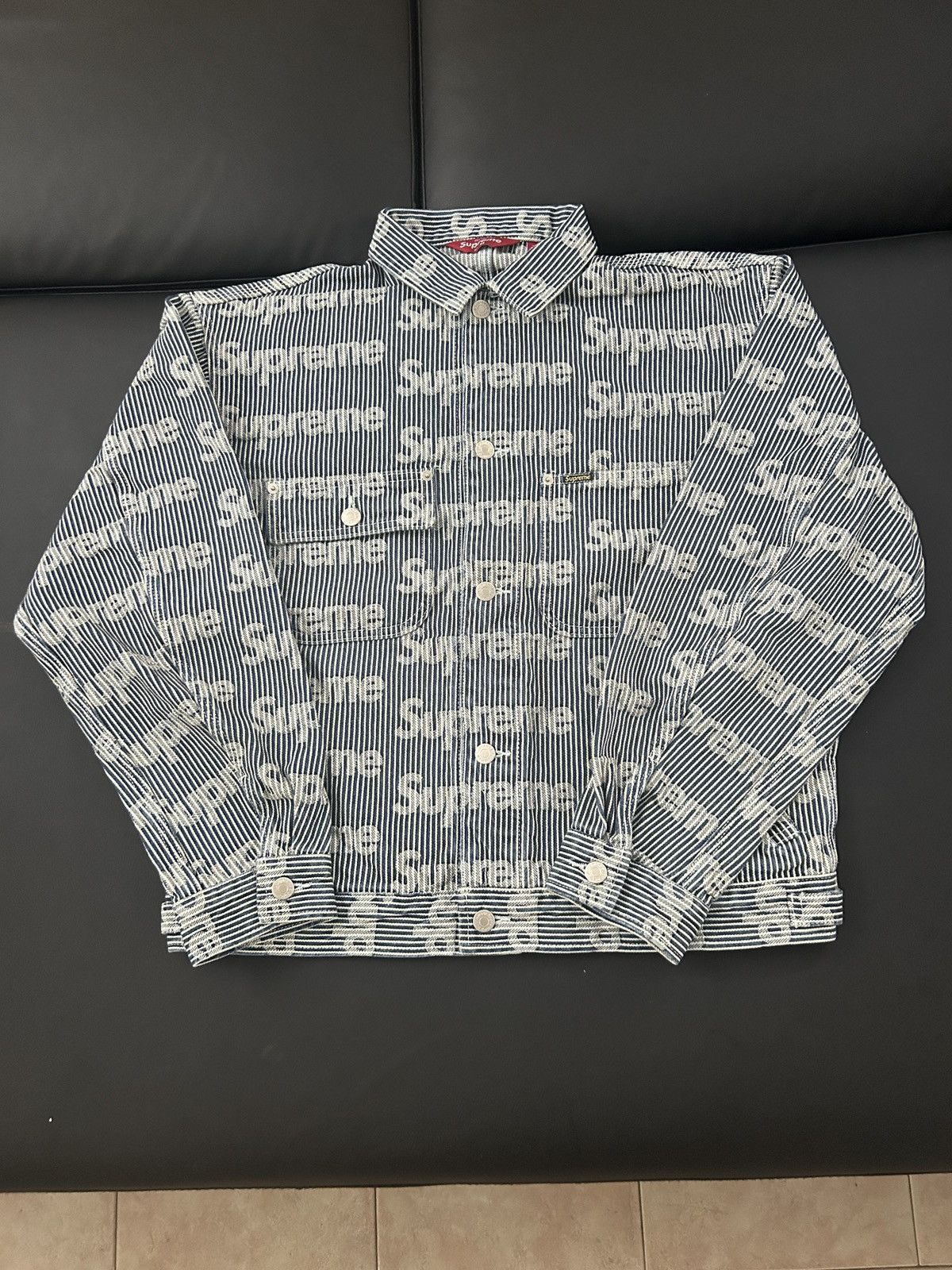 image of Supreme Denim Chore Trucker Jacket in Stripe, Men's (Size Medium)