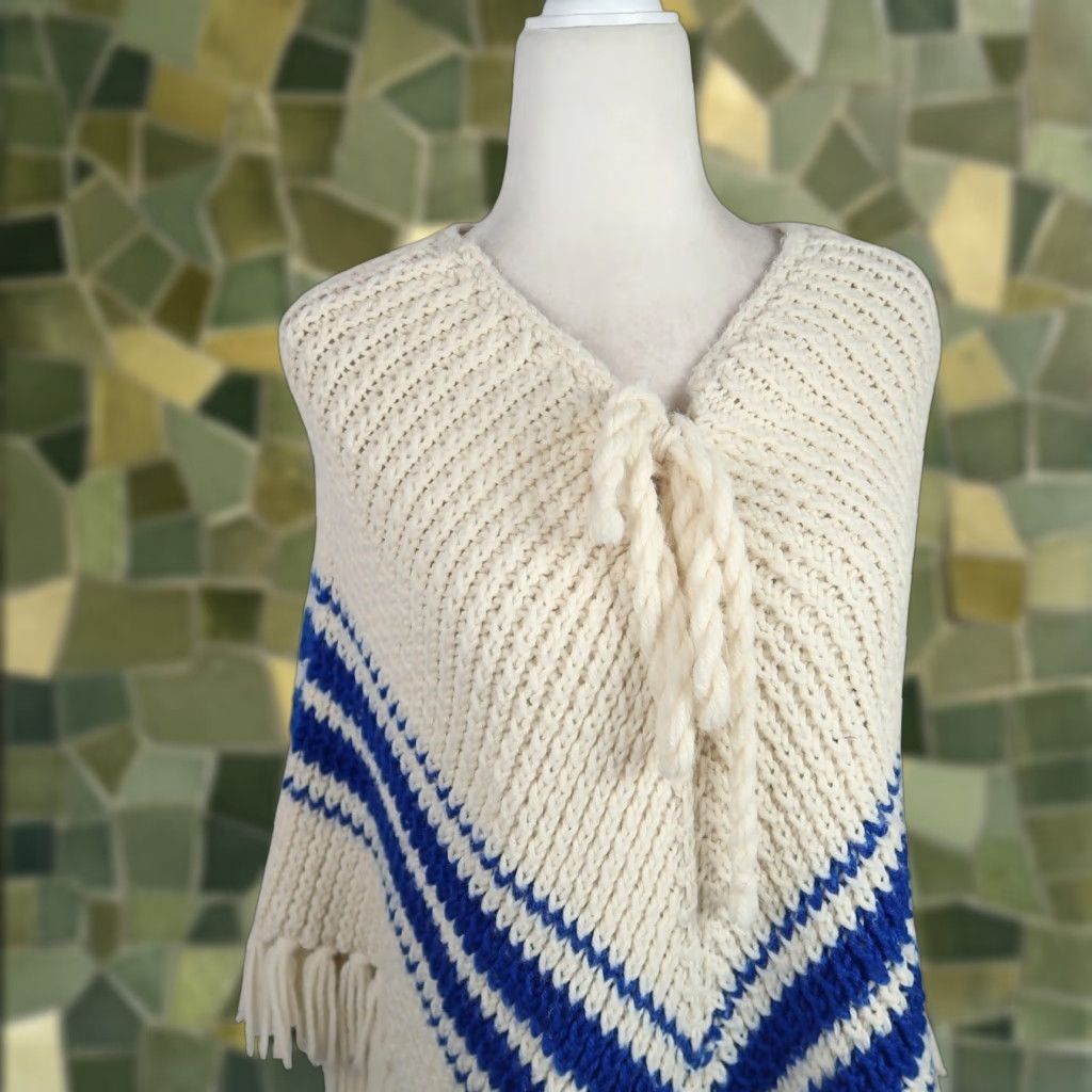 Vintage VINTAGE Cream and Blue Stripe Knit Poncho Sweater Fringe Trim Womens M Pullover Knit Acrylic Bohemian Hippie 70s Size M / US 6-8 / IT 42-44 - 1 Thumbnail