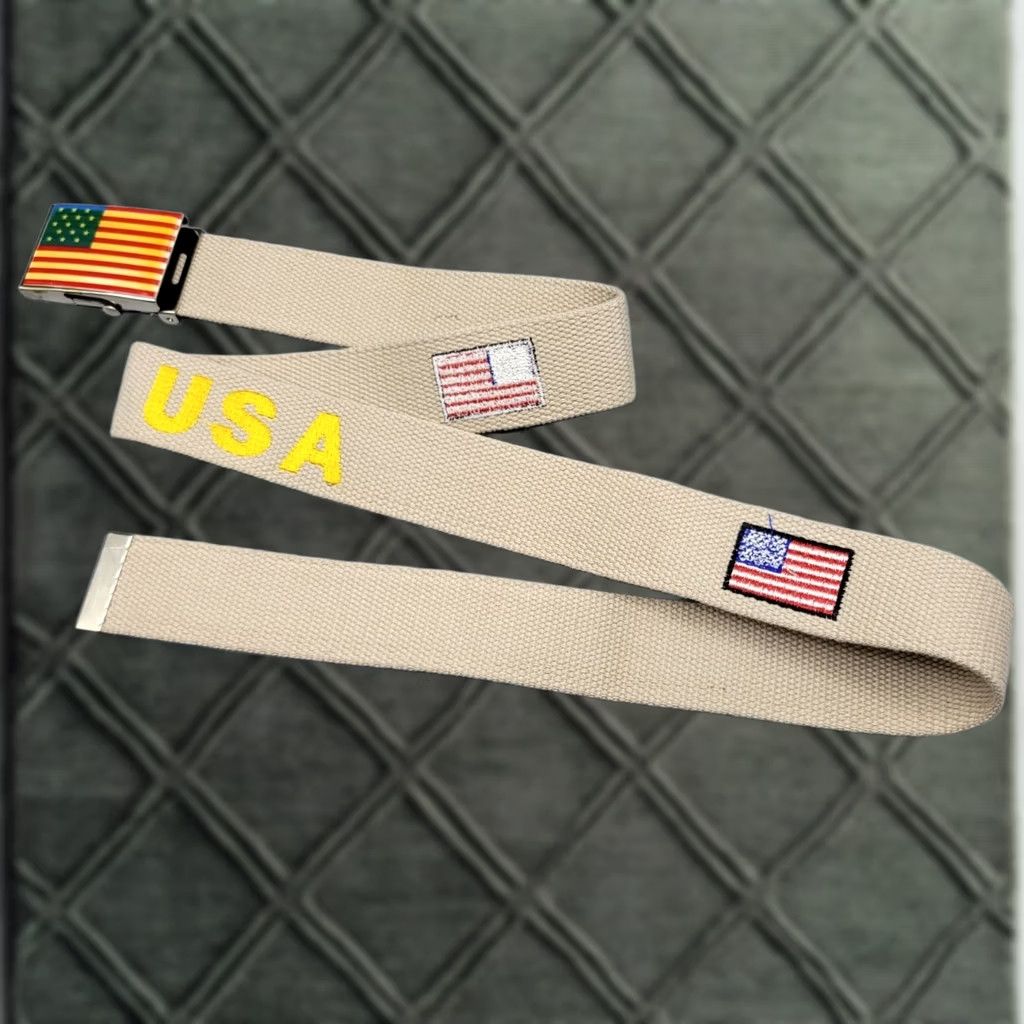 Vintage USA Flag Belt Canvas Adjustable Metal Buckle 42" Long Embroidered Beige Unisex Adults Men Women Shirts? Size 42 - 1 Thumbnail