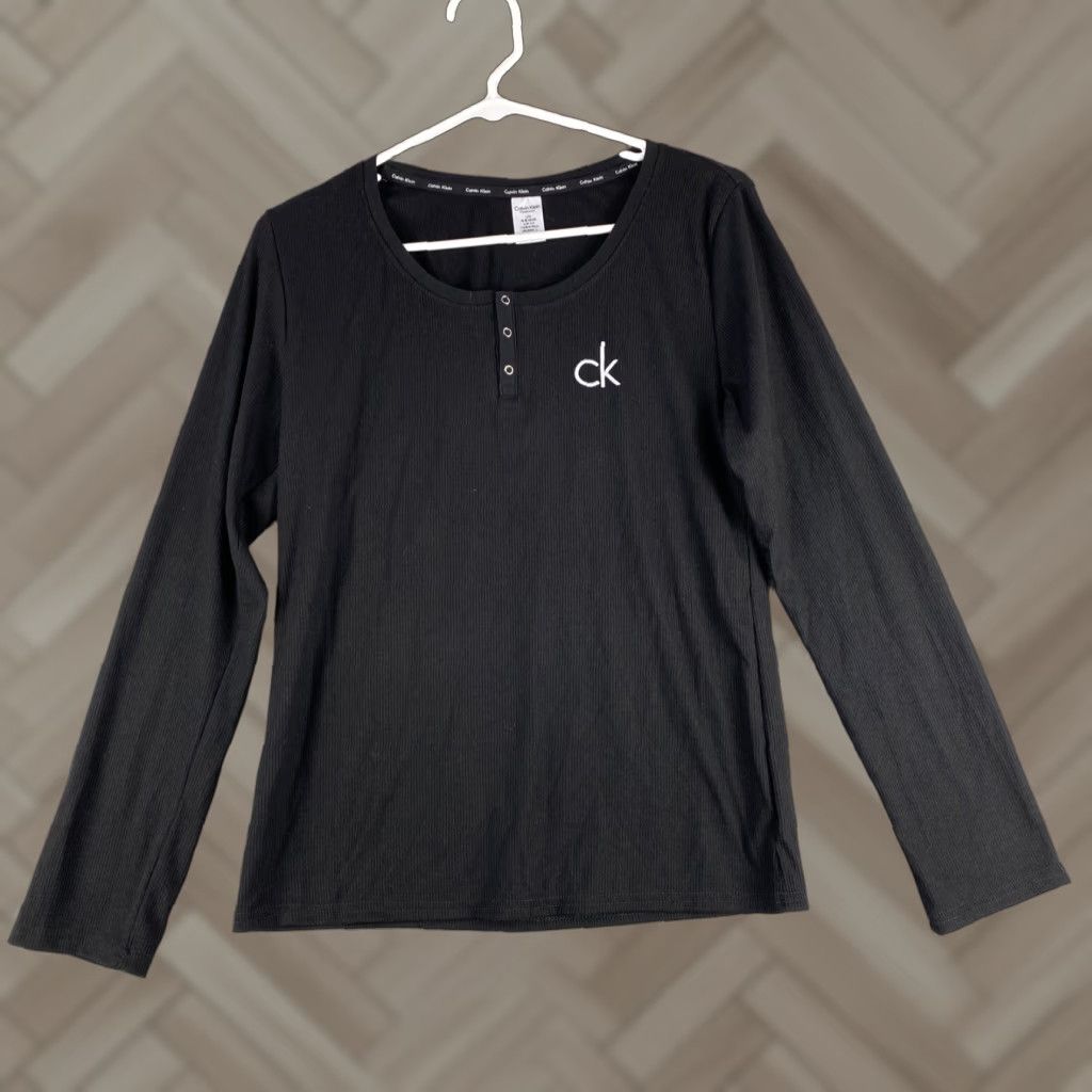 Calvin Klein Calvin Klein Top Women Sz L Black Crew Neck Long Sleeve Ribbed Stretch/ 40-39 Size L / US 10 / IT 46 - 1 Thumbnail
