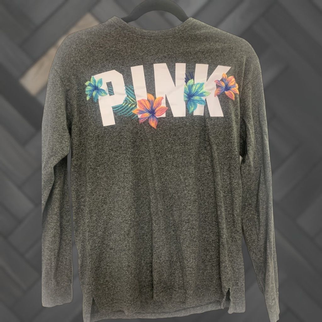 Vintage Victoria's Secret Pink Embroidered Tropical Flowers Campus Tee Long Sleeve XS Women Gray Crew Neck Jersey Tee Size XS / US 0-2 / IT 36-38 - 1 Thumbnail