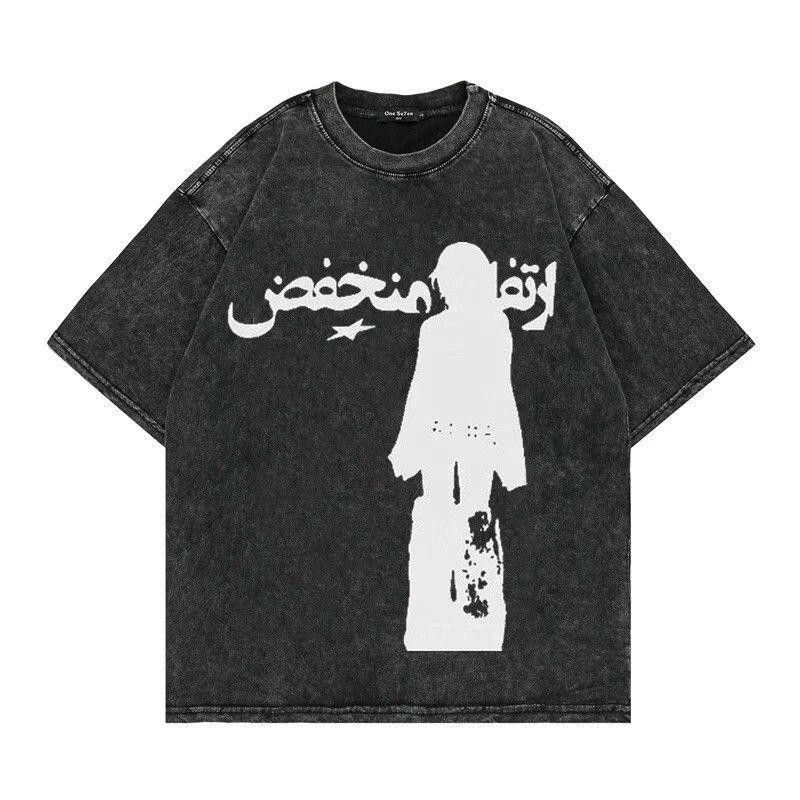 image of Y2K Graphic Arabic Bleached Tee Shirt in Black, Men's (Size Medium)