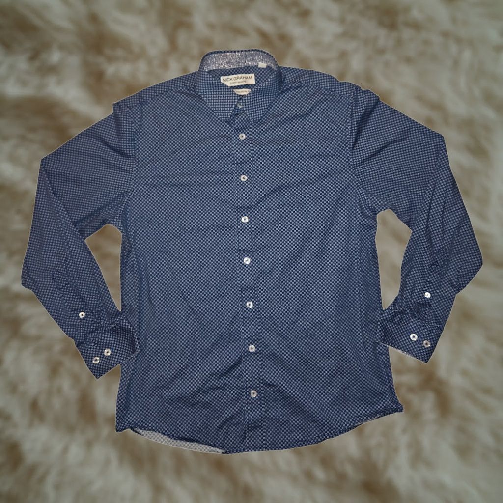 Vintage Nick Graham Everywhere Shirt Medium Men's Long Sleeve Flip Cuff Stretch Modern Geometric Blue Button-Up Casual Workwear 90s Preppy Dad Teacher Mens Size US M / EU 48-50 / 2 - 1 Thumbnail