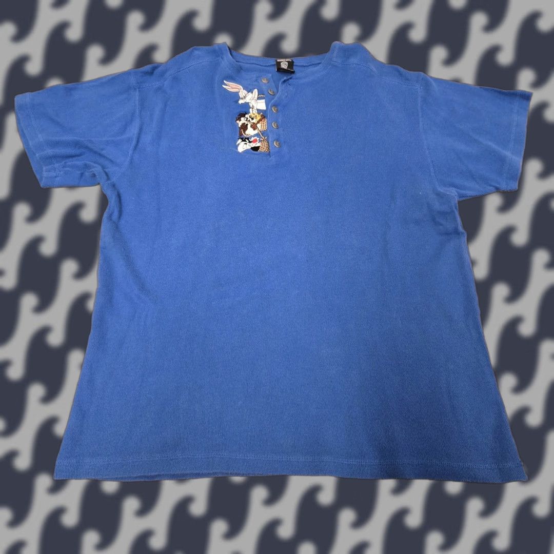 Vintage VINTAGE Warner Bros Shirt Mens 90s Blue Cartoon Tee Bugs Bunny Taz Sylvester Henley Cotton Graphic Print M Size US M / EU 48-50 / 2 - 1 Thumbnail