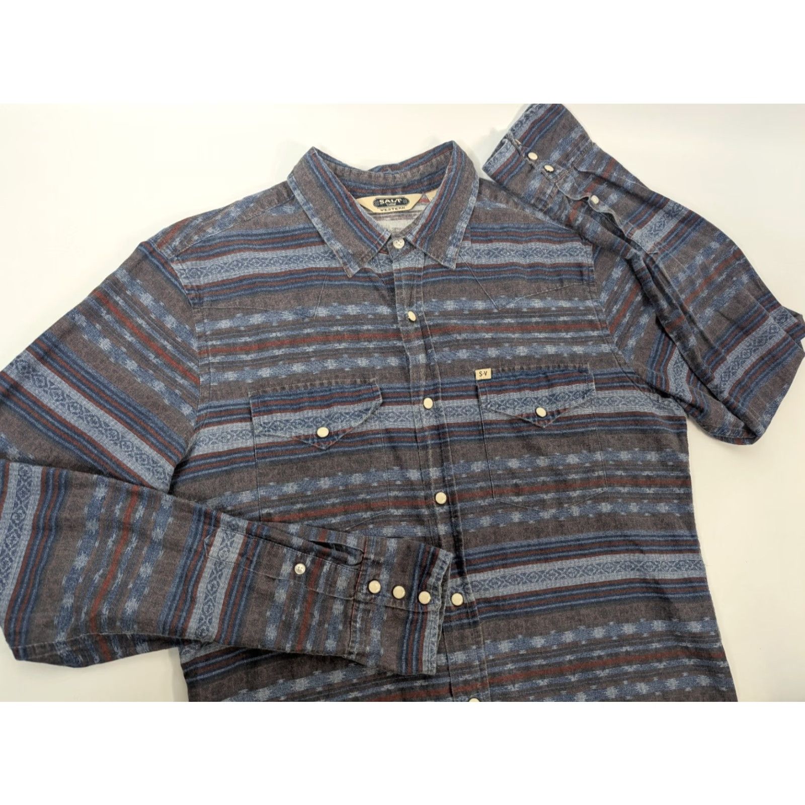 Vintage Salt Valley Shirt Mens L Blue Button-Up Pearl Snaps Western Casual Cotton Knit Geometric 90s Theme Cowboy Outdoors Pockets Size US L / EU 52-54 / 3 - 2 Thumbnail