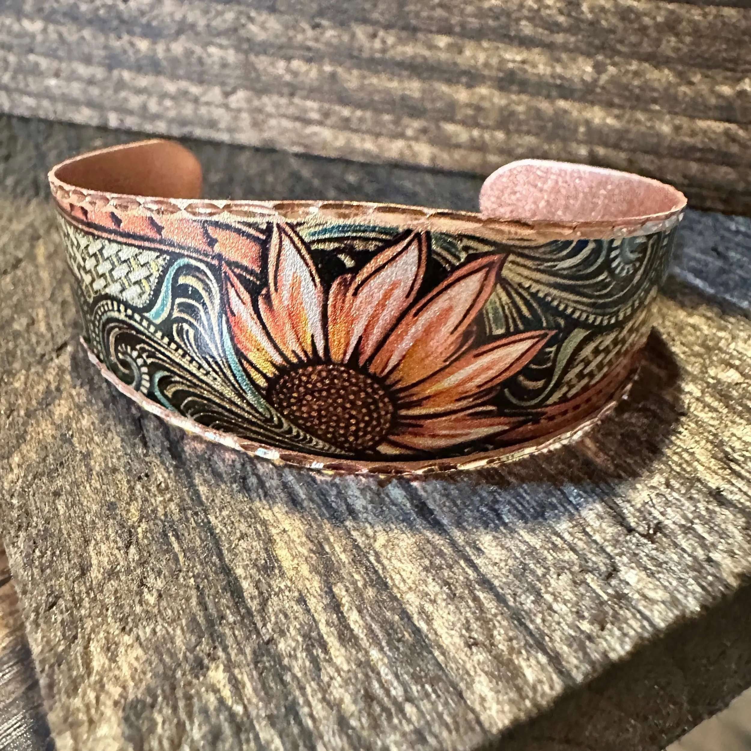 Other Handmade Boho Sunflower Cuff Bracelet, Copper Western Sunflo Size ONE SIZE - 1 Thumbnail