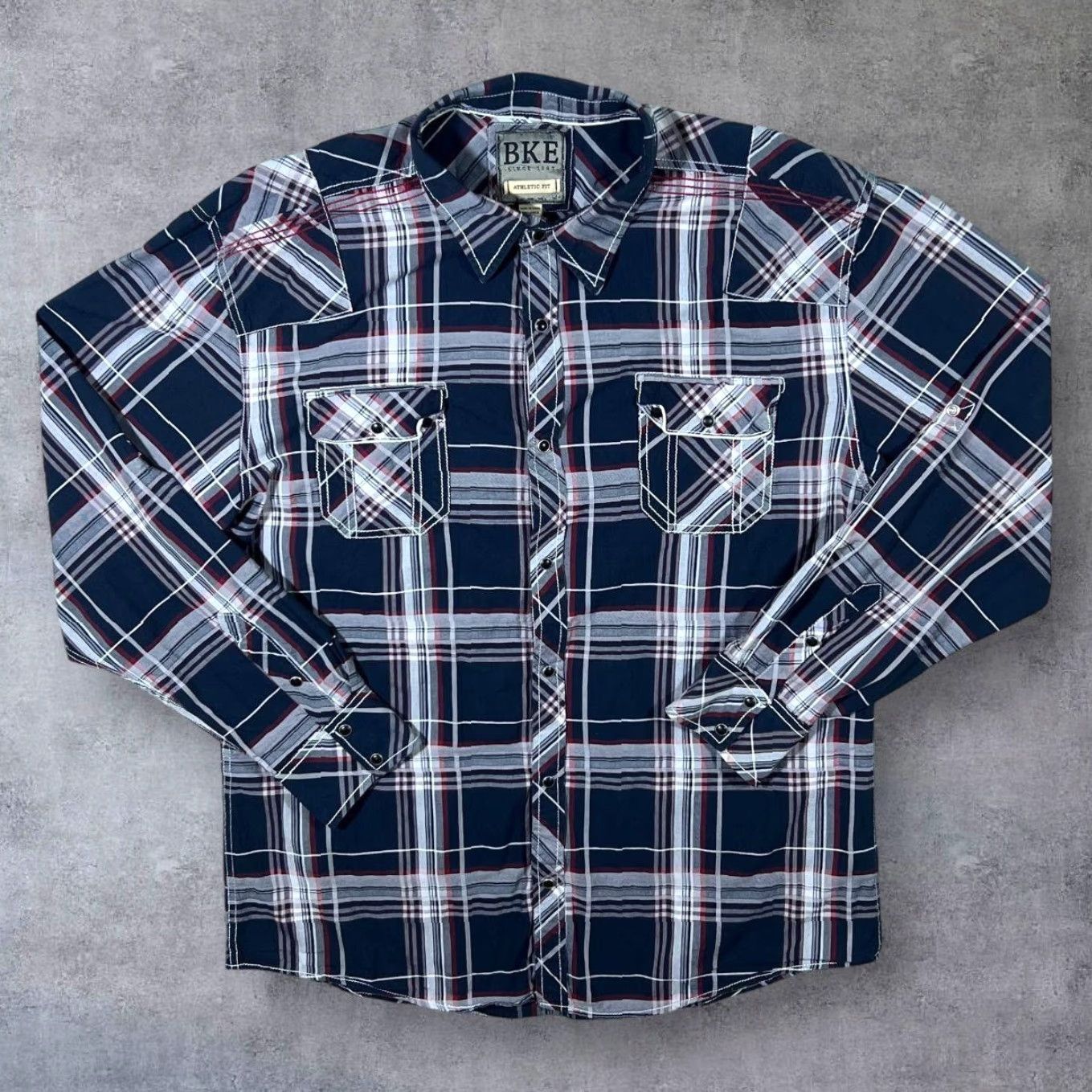 BKE BKE Athletic Fit Multi Check Cowboy Western Popper Long Sleeve Shirt XXL Navy Men Button-Up Casual Western 1960s? Size US XXL / EU 58 / 5 - 2 Thumbnail