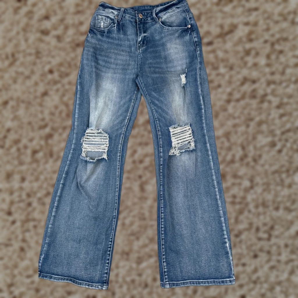 Vintage Womens Jeans Blue Denim Wide Leg Flared Distressed Mid Rise 27x28 Cotton Blend 6 Regular 5-Pocket Design Jeans Size 28" / US 6 / IT 42 - 1 Thumbnail