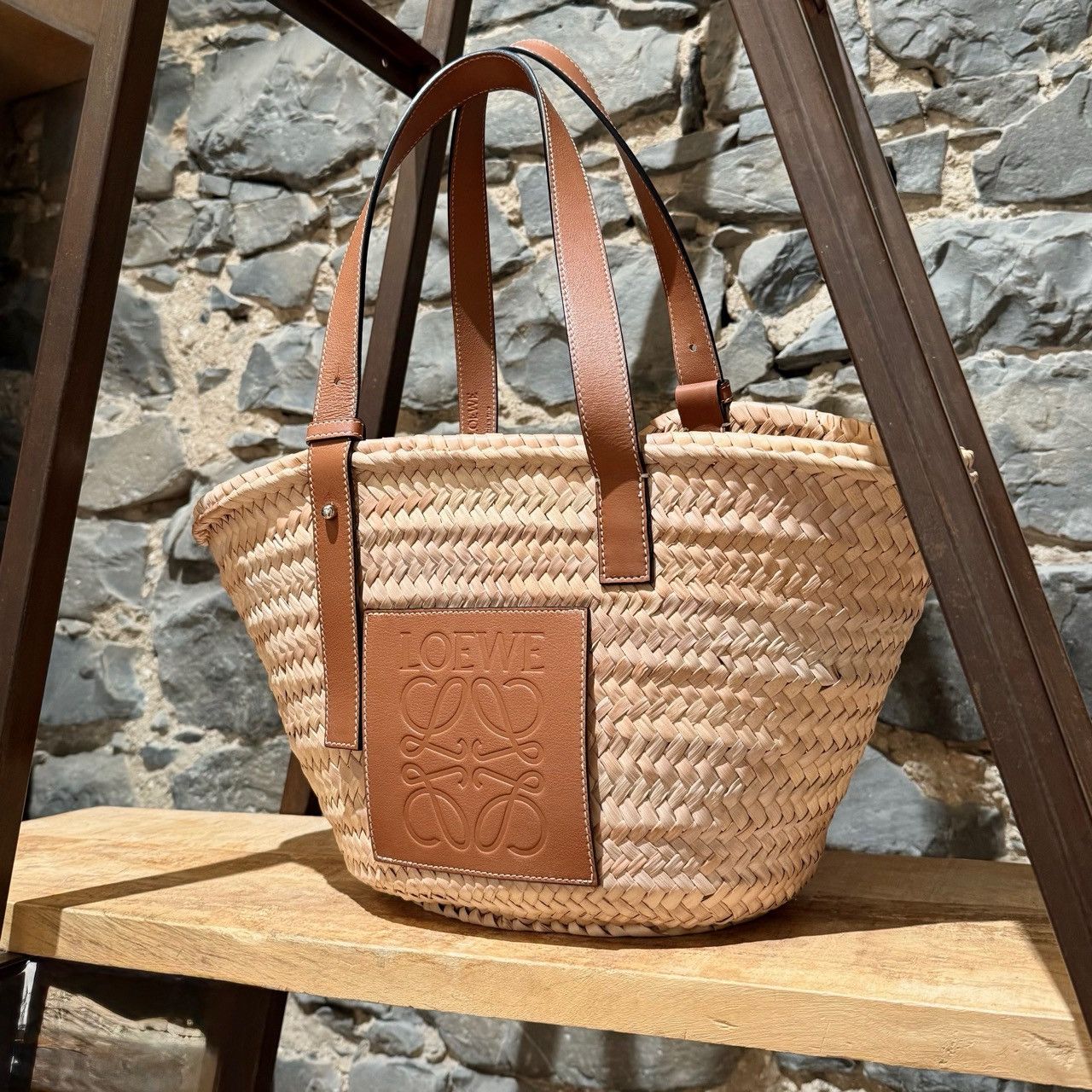 Loewe LOEWE Brown Leather Beige Raffia Medium Basket Tote Bag Size ONE SIZE - 3 Thumbnail
