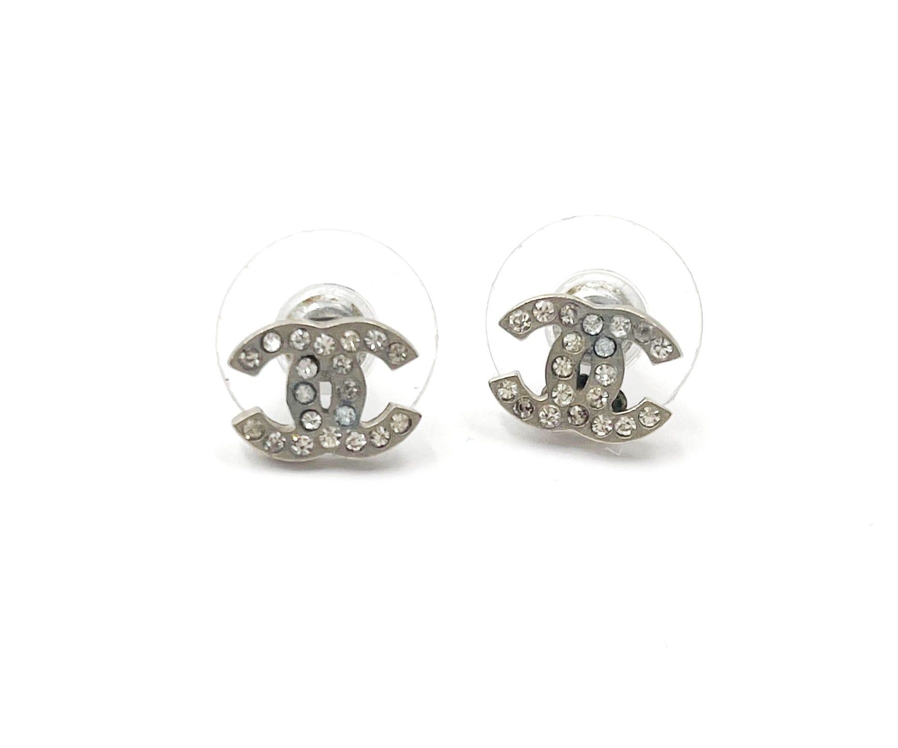 image of Chanel Classic Silver Cc Crystal Small Piercing Earrings, Women's