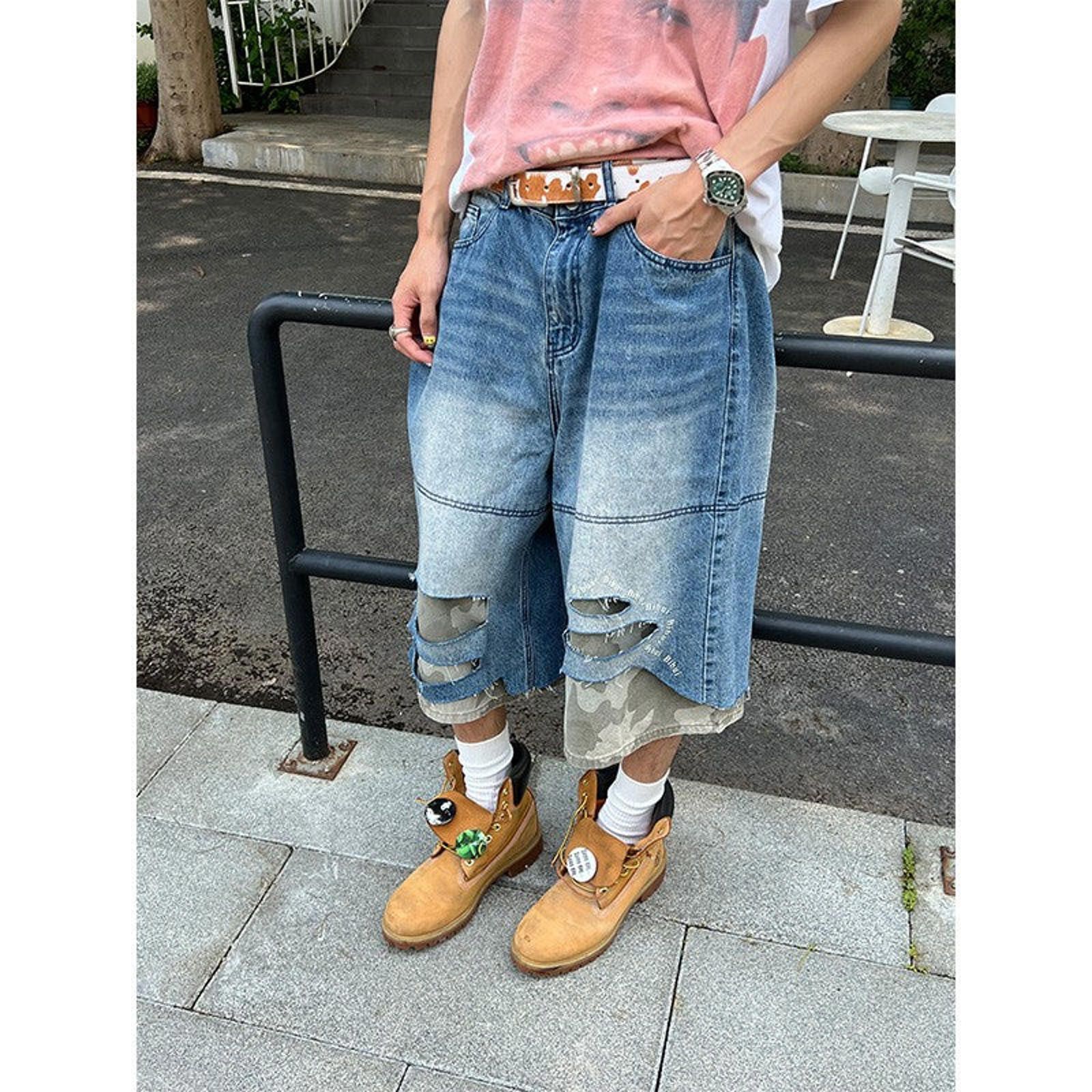 Distressed Baggy Straight Patchwork Camo Jorts