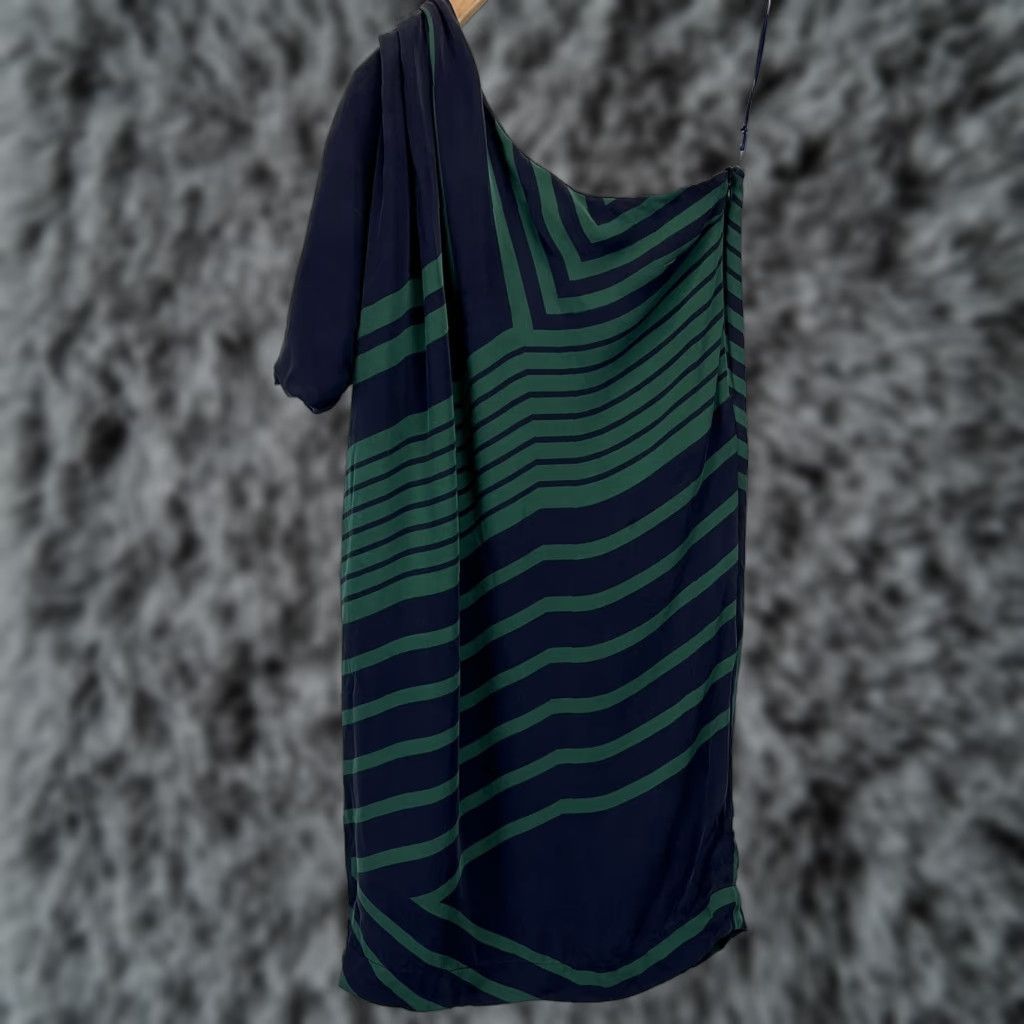 Stella McCartney Stella McCartney Dress Women US 2-4 Silk One-Shoulder Striped Green Navy Short 100% Silk Size 26" / US 2 / IT 38 - 1 Thumbnail
