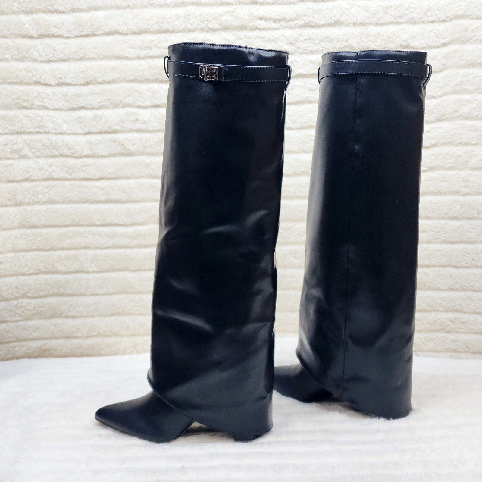 Other Paris Black Skirted Fold Over 3.5" Block Heel Knee High Boot Size US 6 / IT 36 - 2 Thumbnail