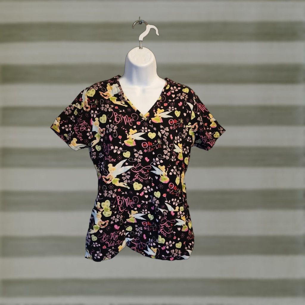 Disney Disney Scrub Top Womens XS Tinker Bell Patterned Multi-Color 100% Cotton Medical Nurse Dentist Christmas? Size XS / US 0-2 / IT 36-38 - 1 Thumbnail