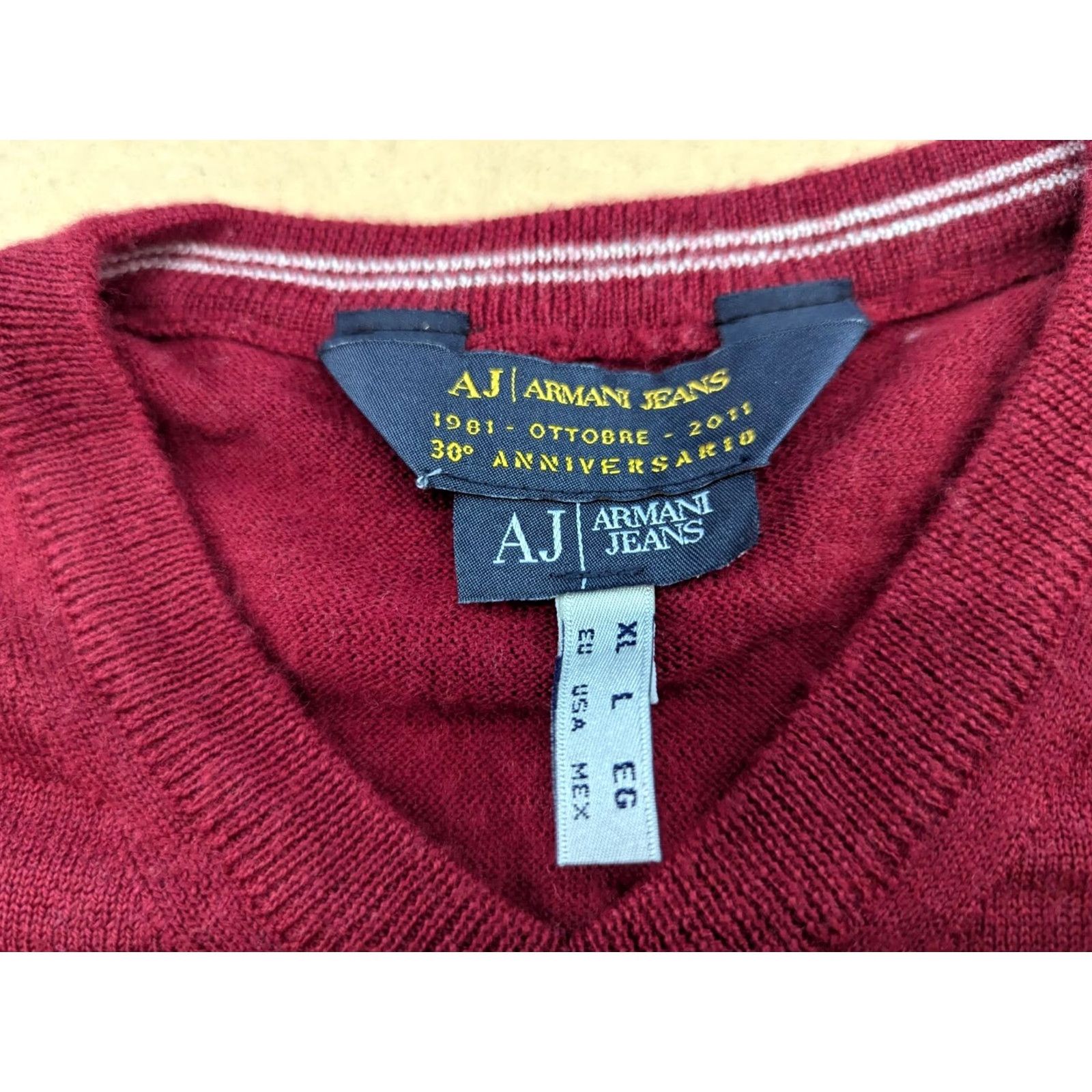 Vintage Armani Jeans Sweater Mens XL Red Wool Jumper V-Neck Long Sleeve Knit Pullover Classic 30th Anniversary 1981-2011 Size US XL / EU 56 / 4 - 4 Thumbnail
