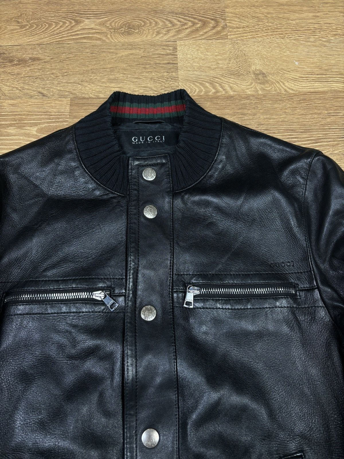 Gucci 2000s Gucci Web Stripe Leather Bomber Jacket Size US S / EU 44-46 / 1 - 7 Thumbnail
