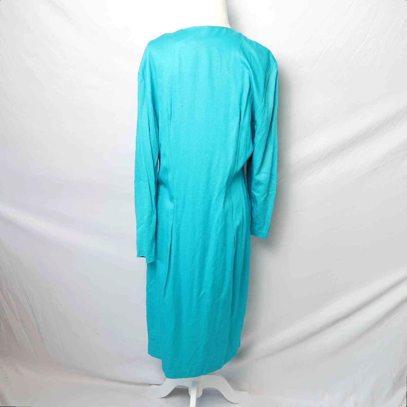 Vintage VINTAGE Carol Anderson Turquoise Blue Sheath Dress 10 Womens 1980s Knee Length Long Sleeves Button Front Rayon Size L / US 10 / IT 46 - 5 Thumbnail