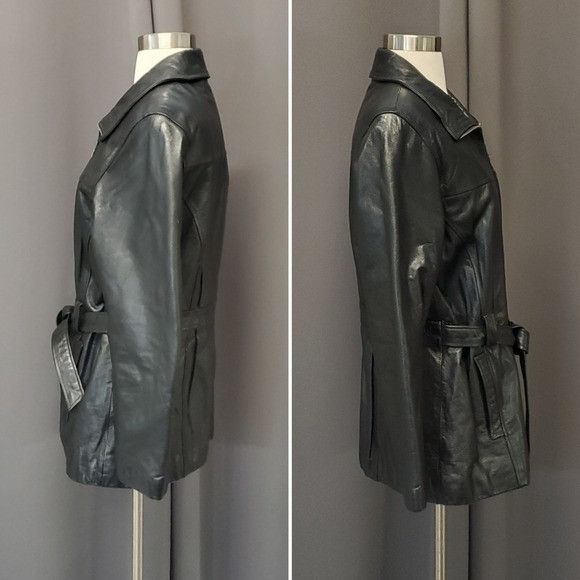 Vintage Vintage 90s y2k Bratz Black Leather Mid Length Belted Coat Size M / US 6-8 / IT 42-44 - 2 Thumbnail