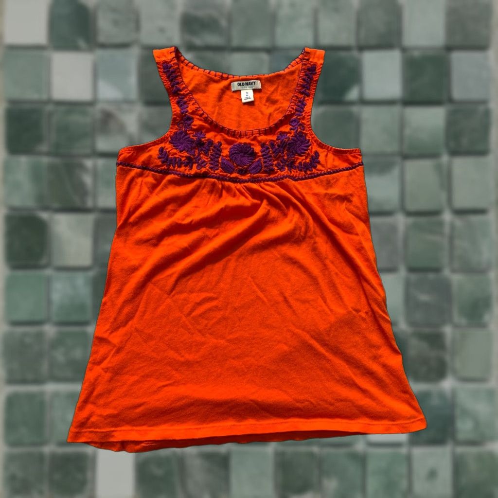 Old Navy Old Navy Blouse Women's XS Sleeveless Tank Top Floral Stitch Orange Casual Size XS / US 0-2 / IT 36-38 - 1 Thumbnail