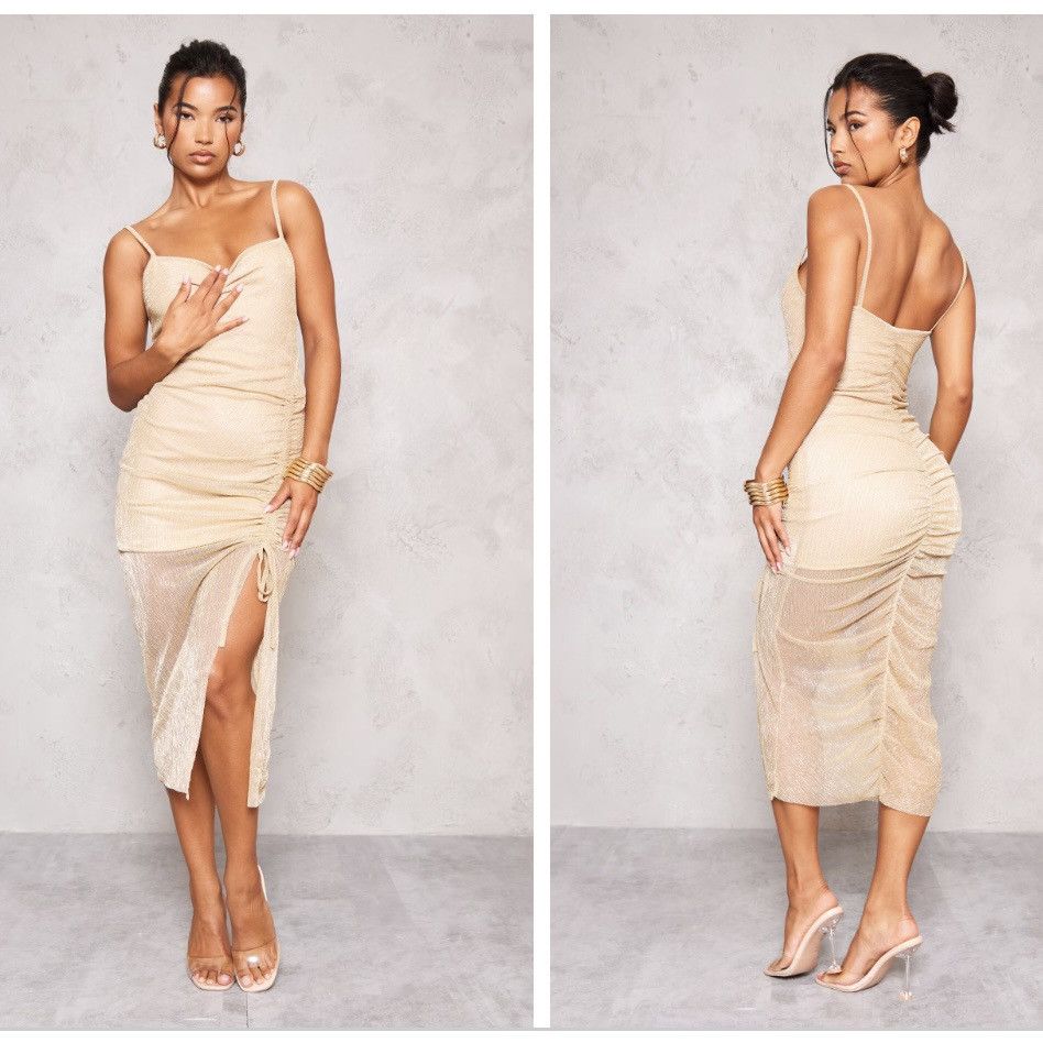 PrettyLittleThing NWT PrettyLittleThing Gold Glitter Midi Party Dress Small 4 Size S / US 4 / IT 40 - 1 Thumbnail