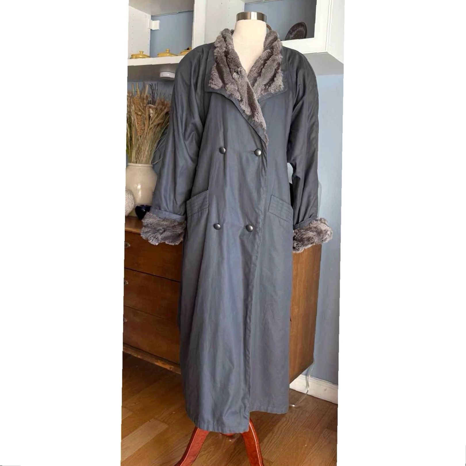 Louis Feraud VINTAGE Louis Feraud Gray Cotton Trench Coat Fur Trim Double Breasted Jacket Womens 10 80s Paris Outdoor Mink Trench Coat Size L / US 10 / IT 46 - 3 Thumbnail